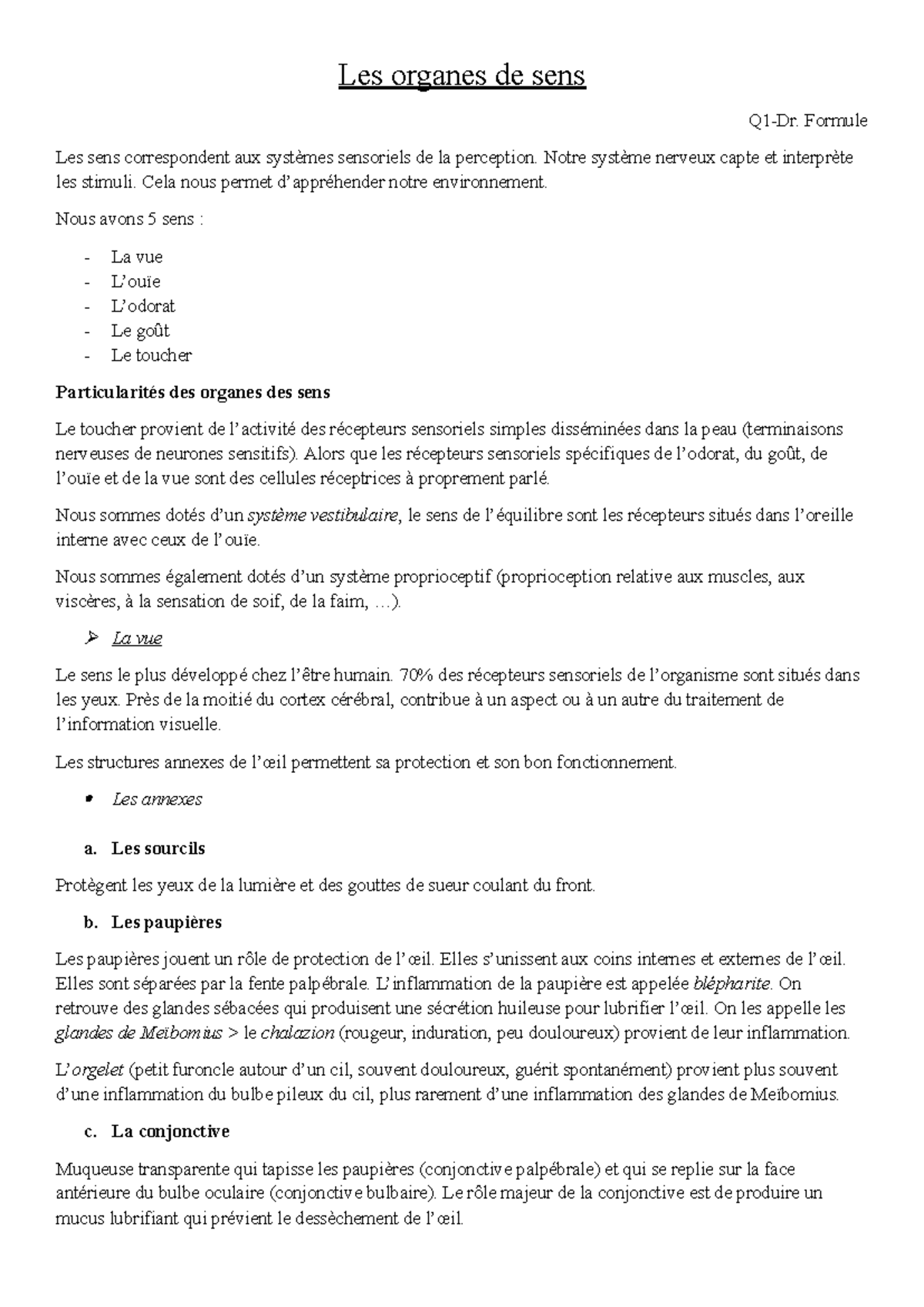 Q1-Dr: Anatomie et Fonction des Organes Sensoriels - Les Sens - Studocu