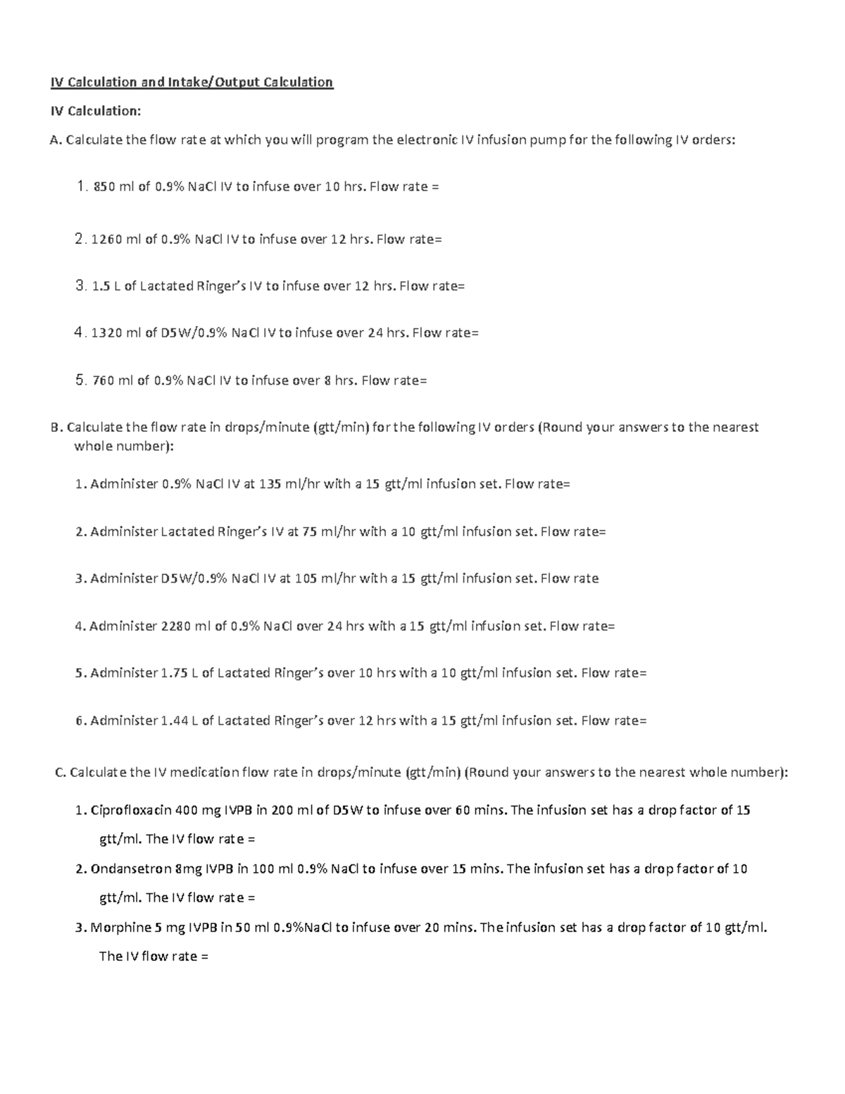 Week 1 - IV Practice Questions: Flow Rate Calculations and Assessments ...