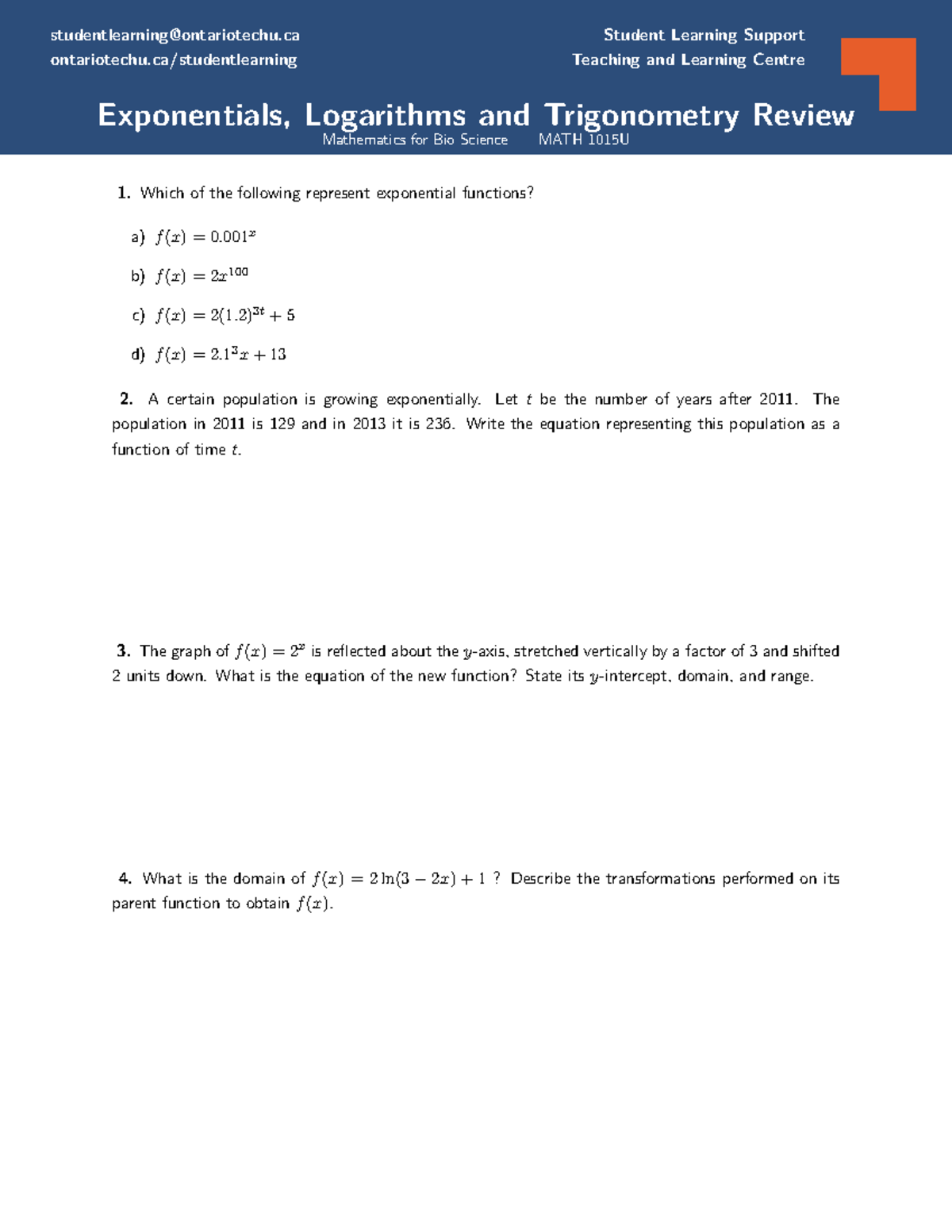 MATH 1015U Exponential, Logarithmic & Trigonometric Functions Review ...