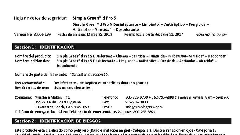 Hoja de Datos de Seguridad (SDS) para Simple d Pro 5 Desinfectante ...
