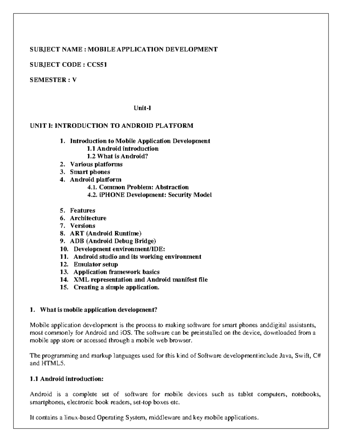 Unit 1 - Unit 1 - SUBJECT NAME : MOBILE APPLICATION DEVELOPMENT SUBJECT ...
