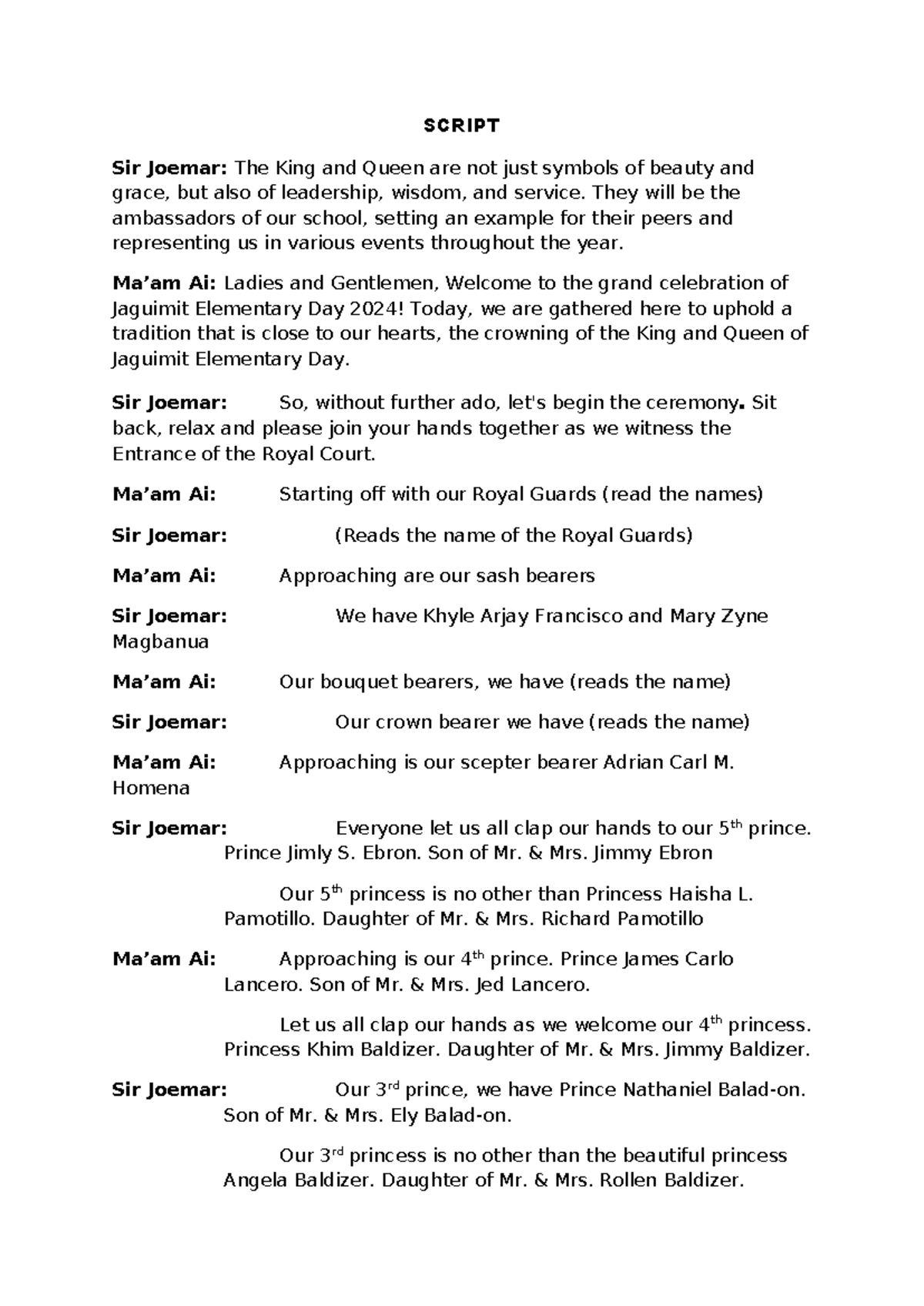 SCRIPT: Jaguimit Elementary Day 2024 King and Queen Ceremony - Studocu