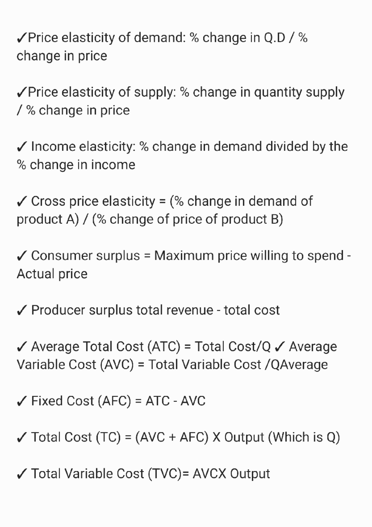 Micro Econ Formula Sheet: Elasticities, Costs, and Revenue Concepts ...