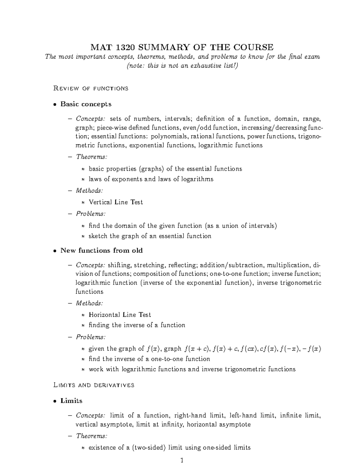 Final Review Sheet for MAT 1320: Key Concepts and Theorems - Studocu
