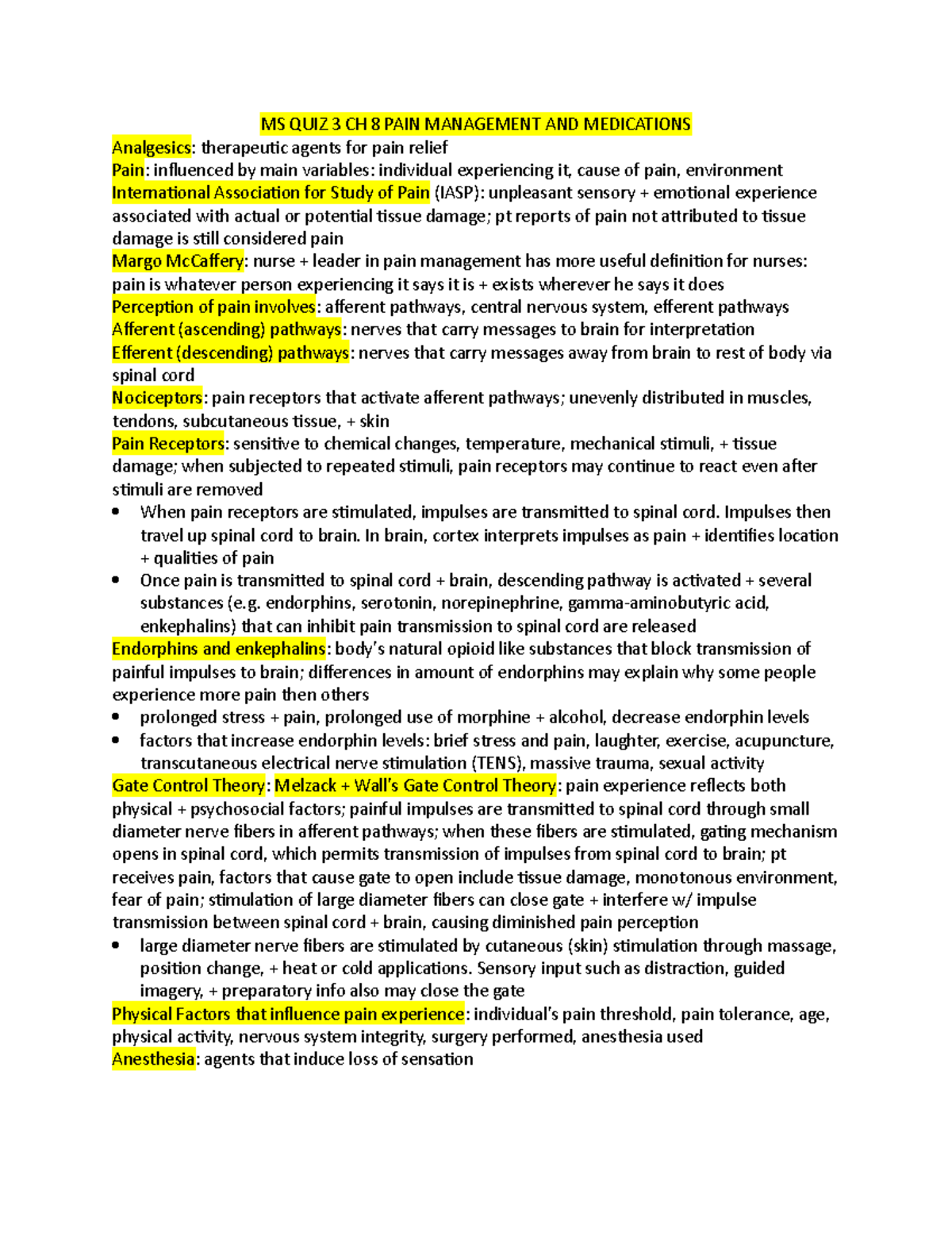 MS QUIZ 3 CH 8: Pain Management & Medications Overview - Studocu