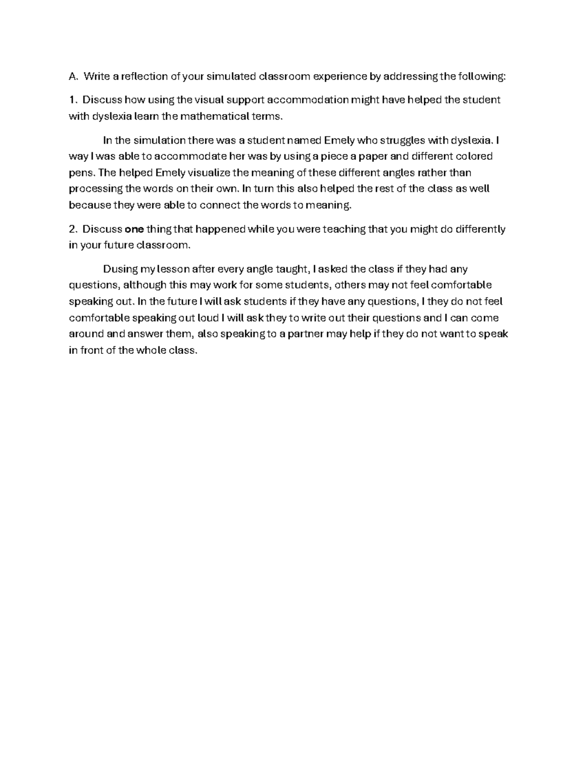 Reflection on Simulated Classroom Experience - D096 Task 2 - Studocu