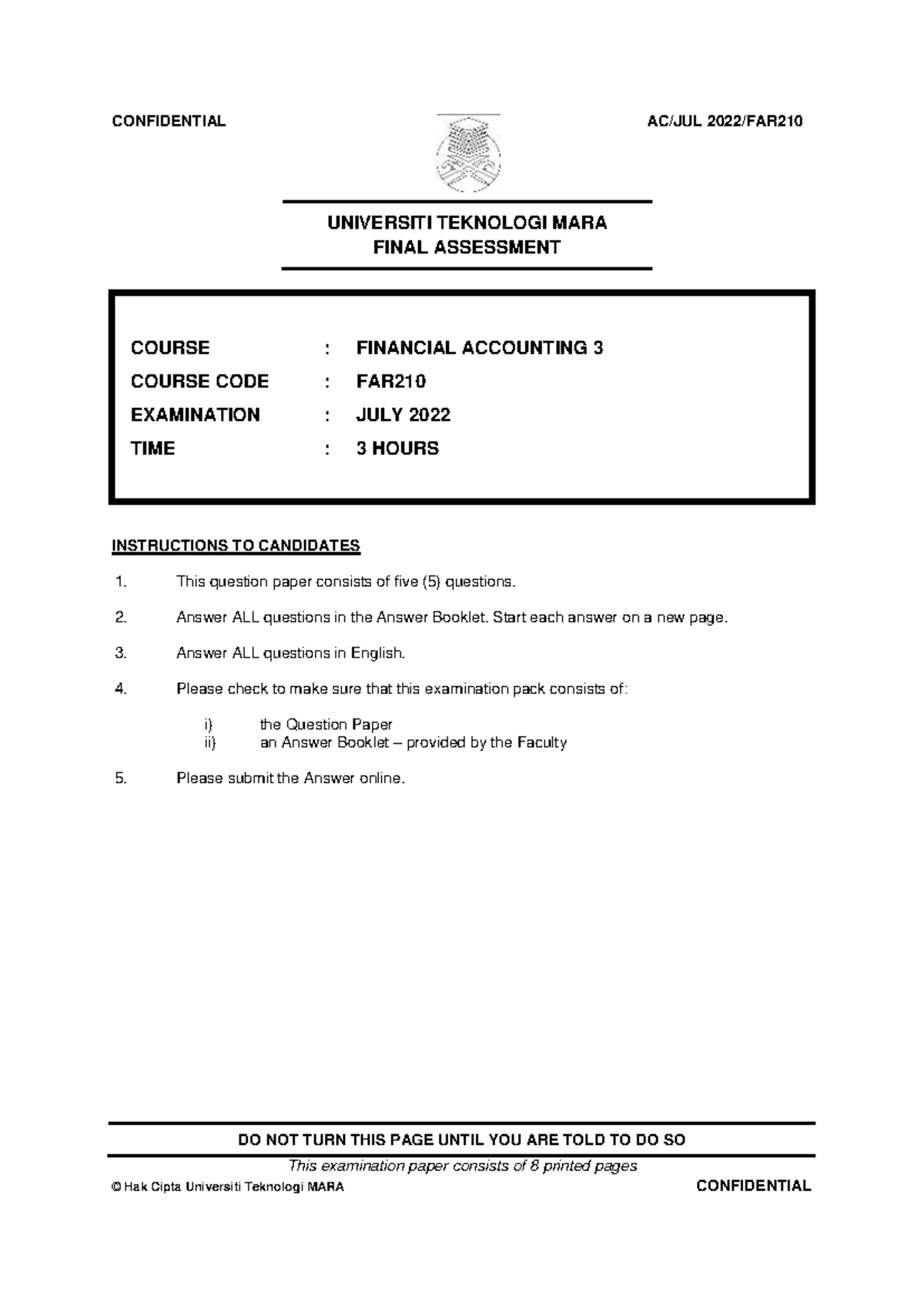 FAR210 - Final Assessment: Financial Accounting 3 July 2022 Exam Paper ...