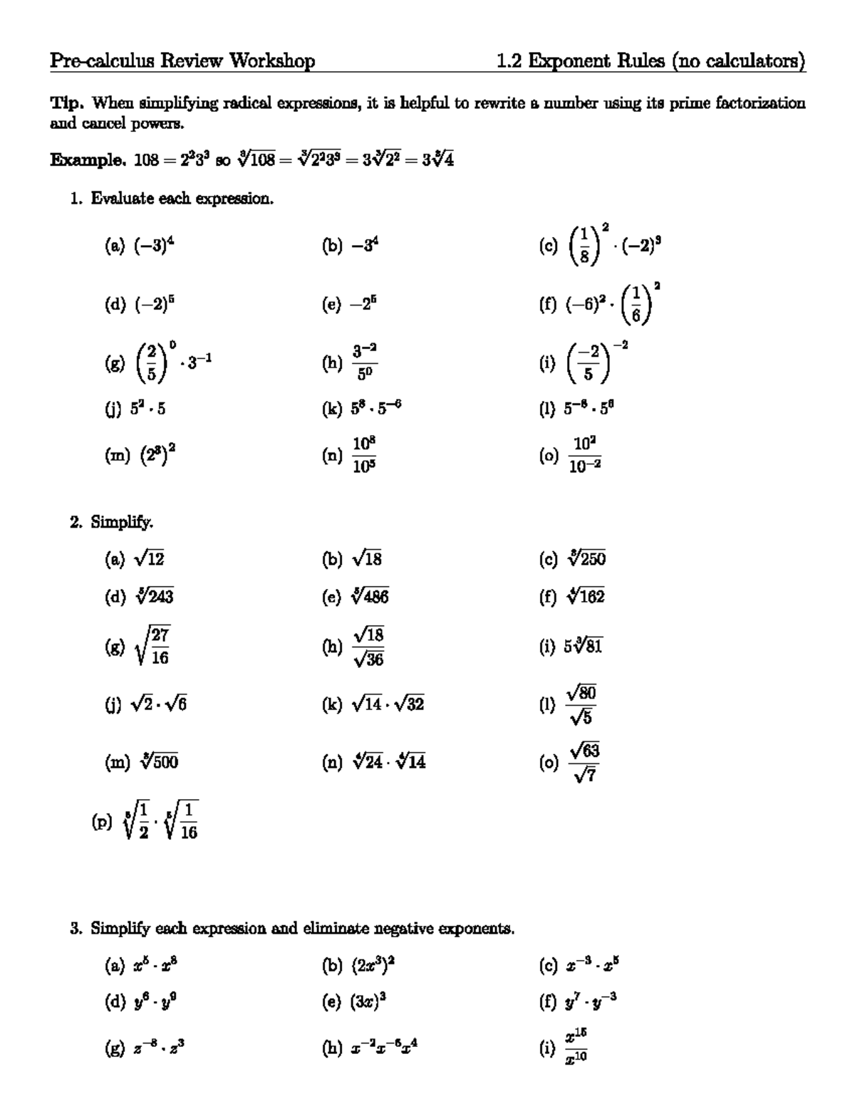 Exponents and Radicals Worksheet: Review Workshop 1.2 Tips - Studocu