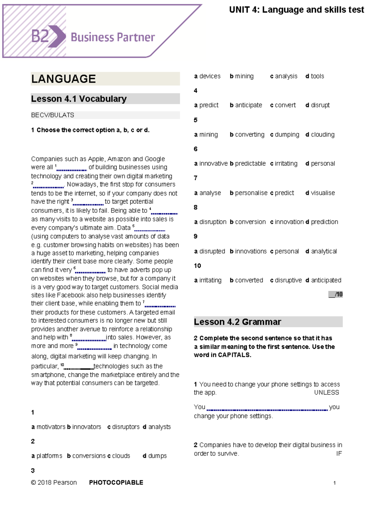 BP B2 Language & Skills Test Unit 4: Practice Exercises - Studocu