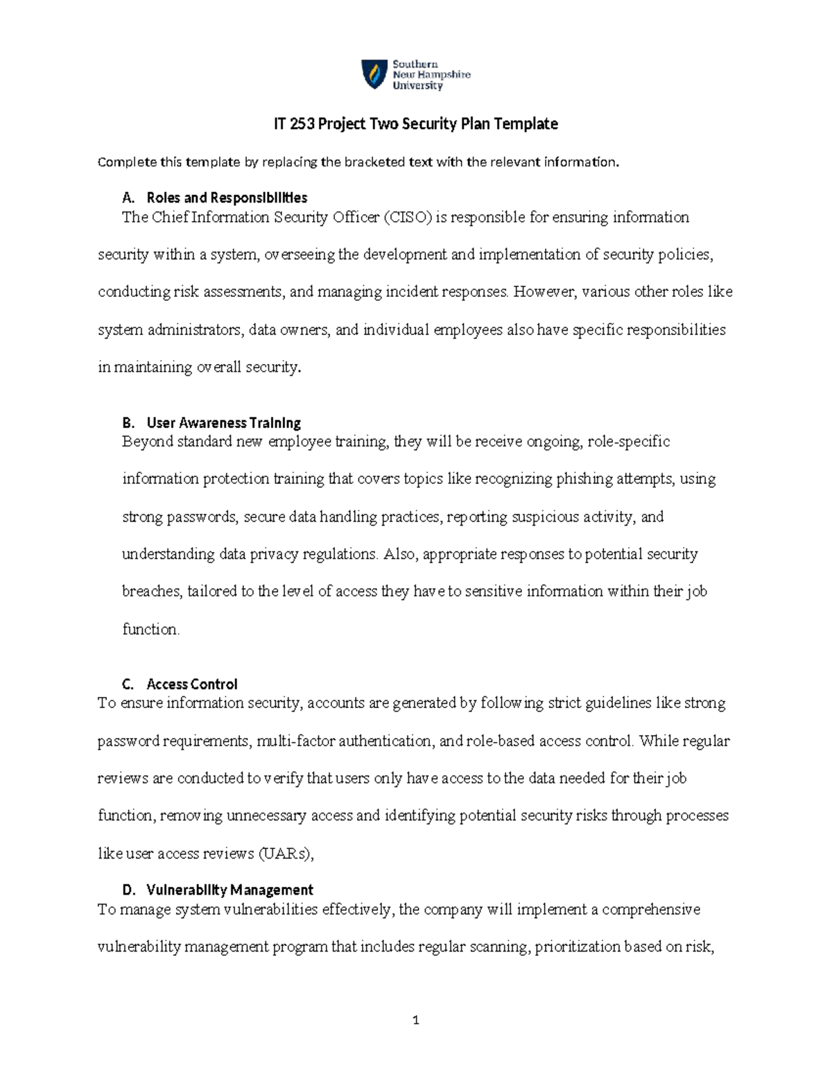 IT 253 Project Two Security Plan Template - IT 253 Project Two Security ...