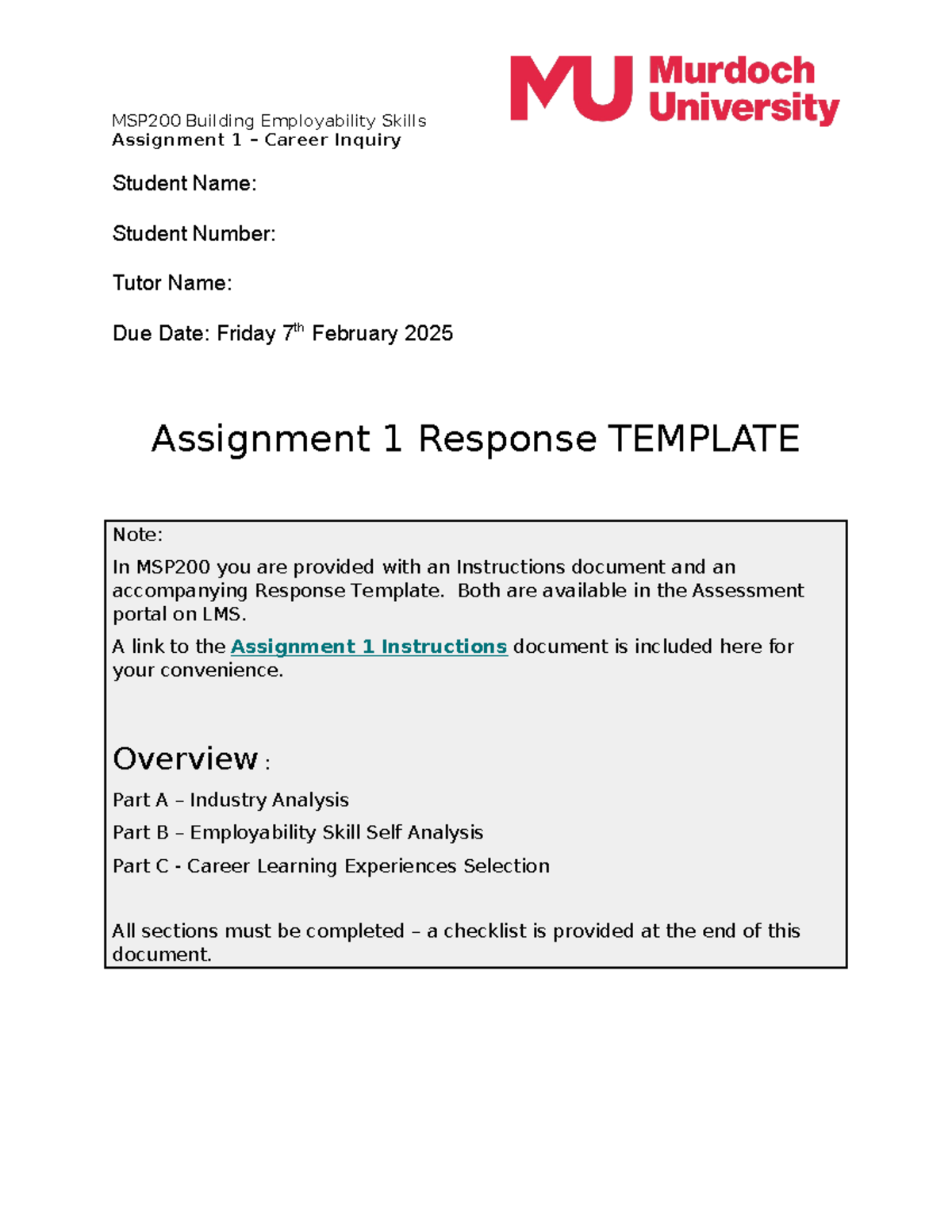 Assignment 1 Career Inquiry Response Template for MSP200 TJA 2025A ...