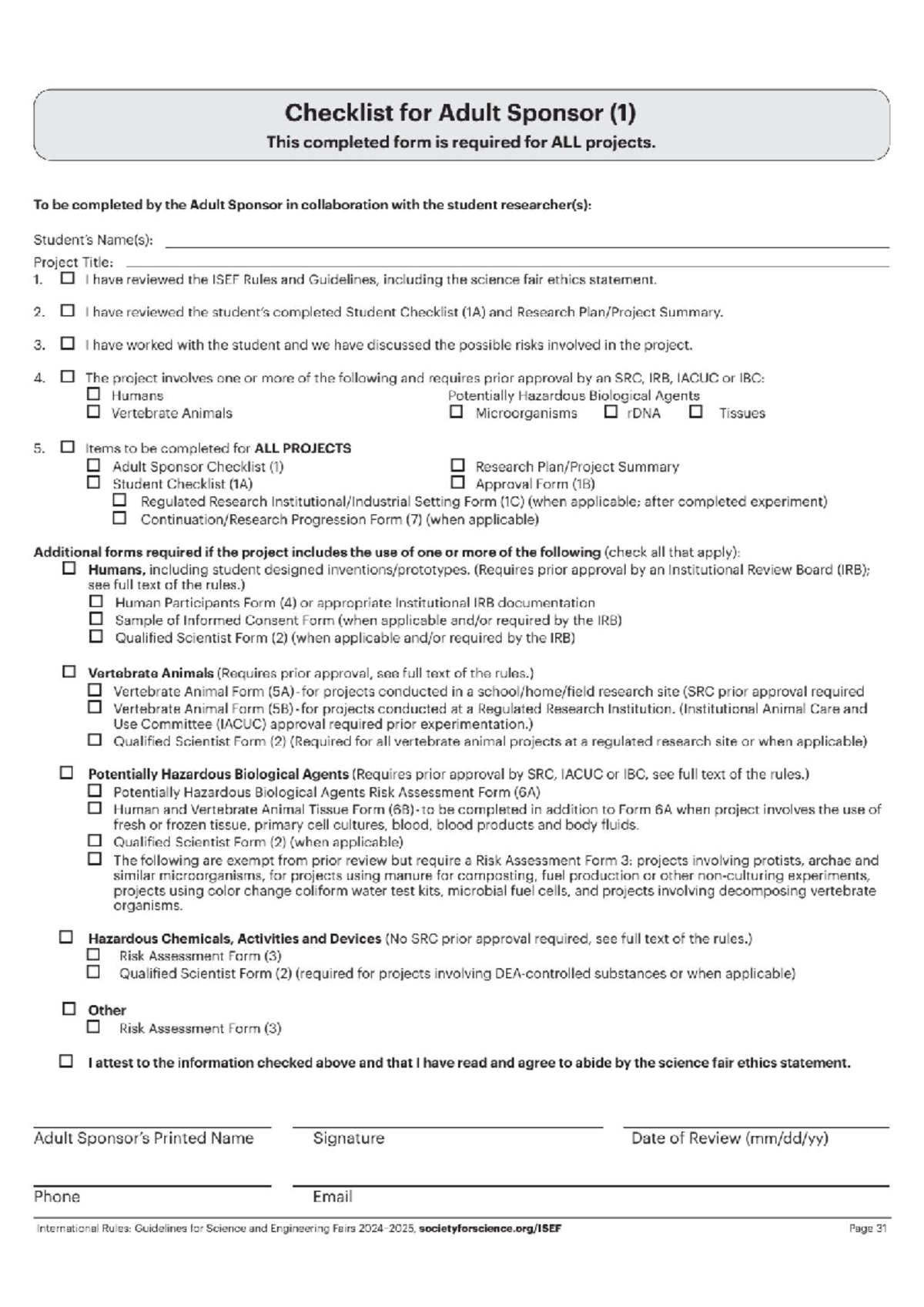 ISEF Forms 2025: Adult Sponsor Checklist and Guidelines - Studocu