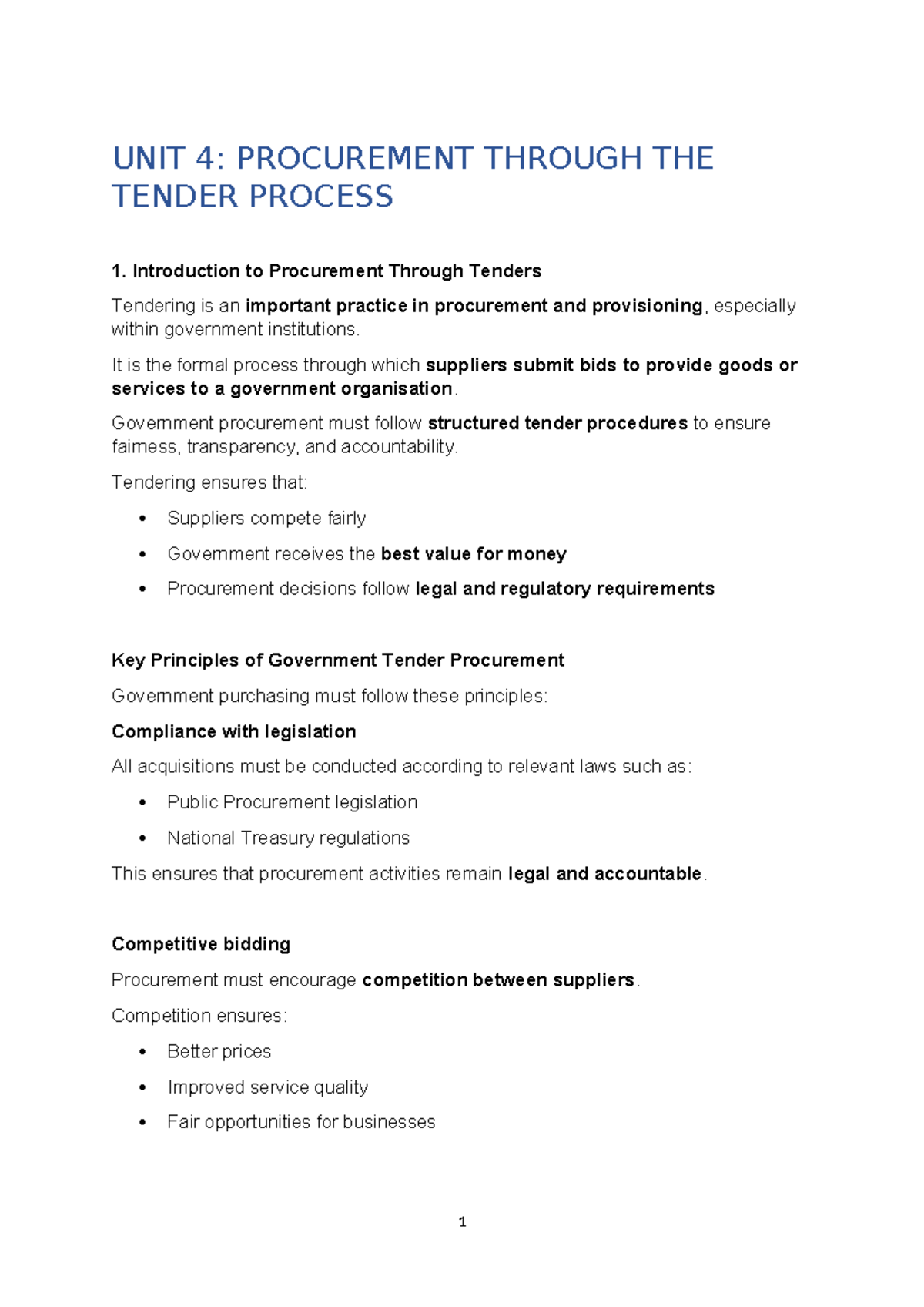 UNIT 4: SUMMARY OF PROCUREMENT THROUGH TENDER PROCESS - Studocu