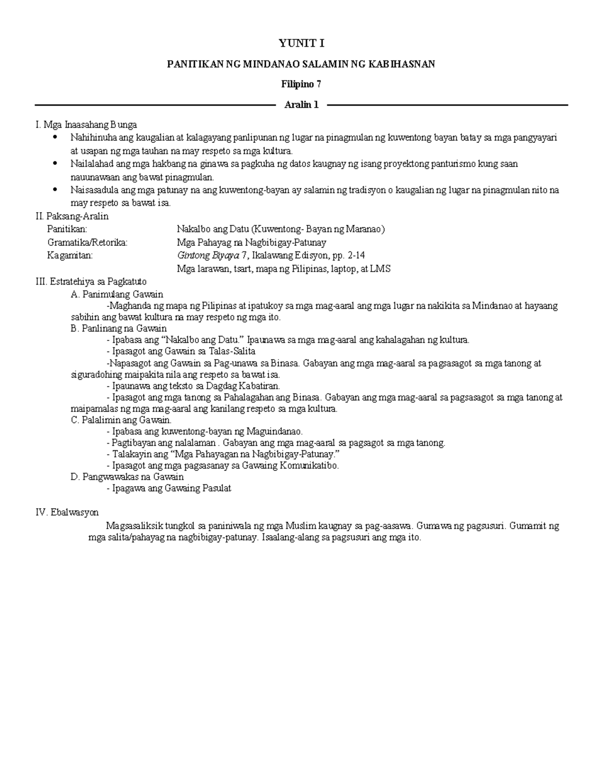 LP-FIL7 - Lesson Guide for Teachers - YUNIT I PANITIKAN NG MINDANAO ...