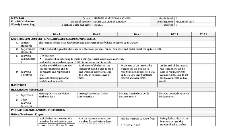 DLL MATH 3 - WEEK 5 Lesson Log for Grade 3 Mathematics - Studocu