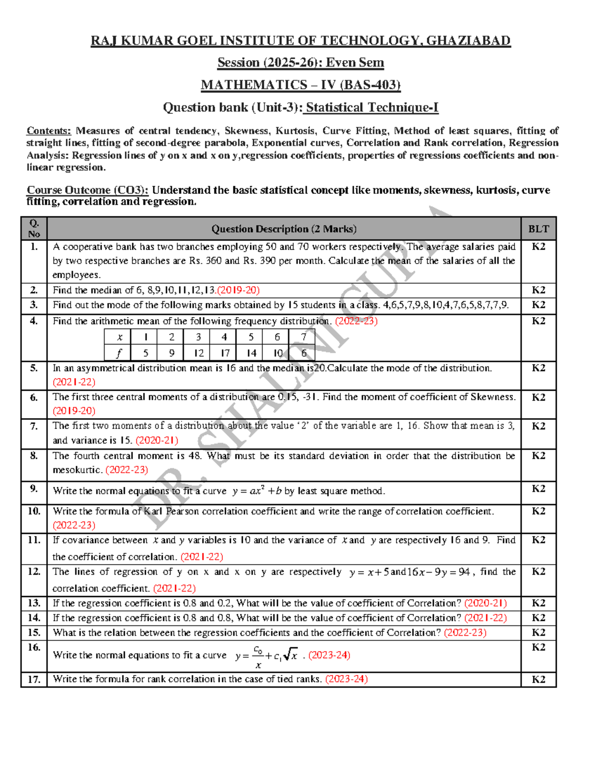 MATHEMATICS IV (Even Sem) Question Bank: Statistical Concepts ...