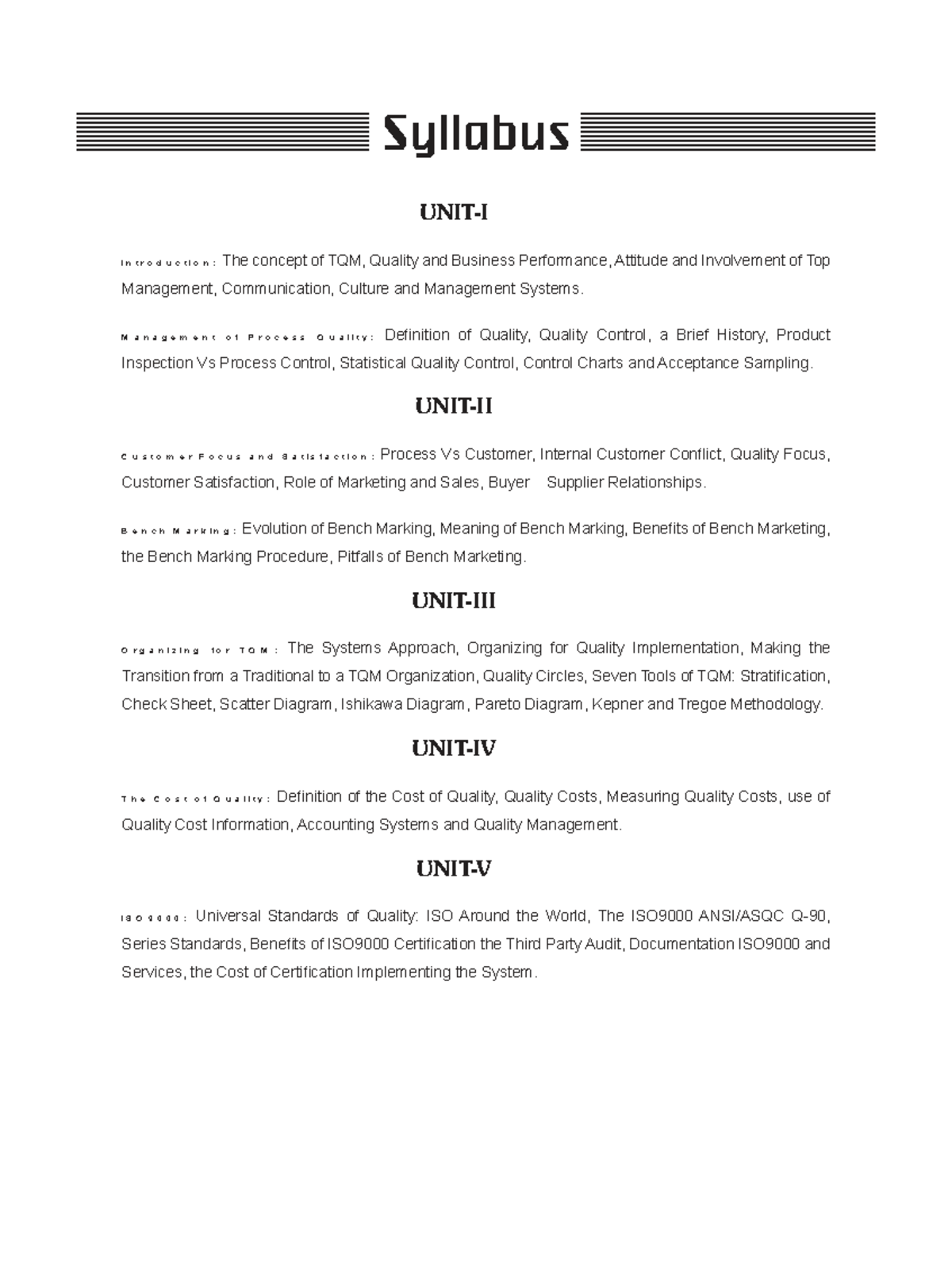 Total Quality Management Syllabus ME B.Tech. (R16 Curriculum) - Studocu