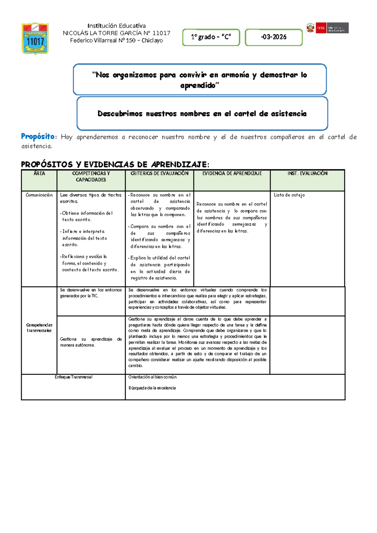 Reconocimiento de Nombres en el Cartel de Asistencia - Grado 11017 ...