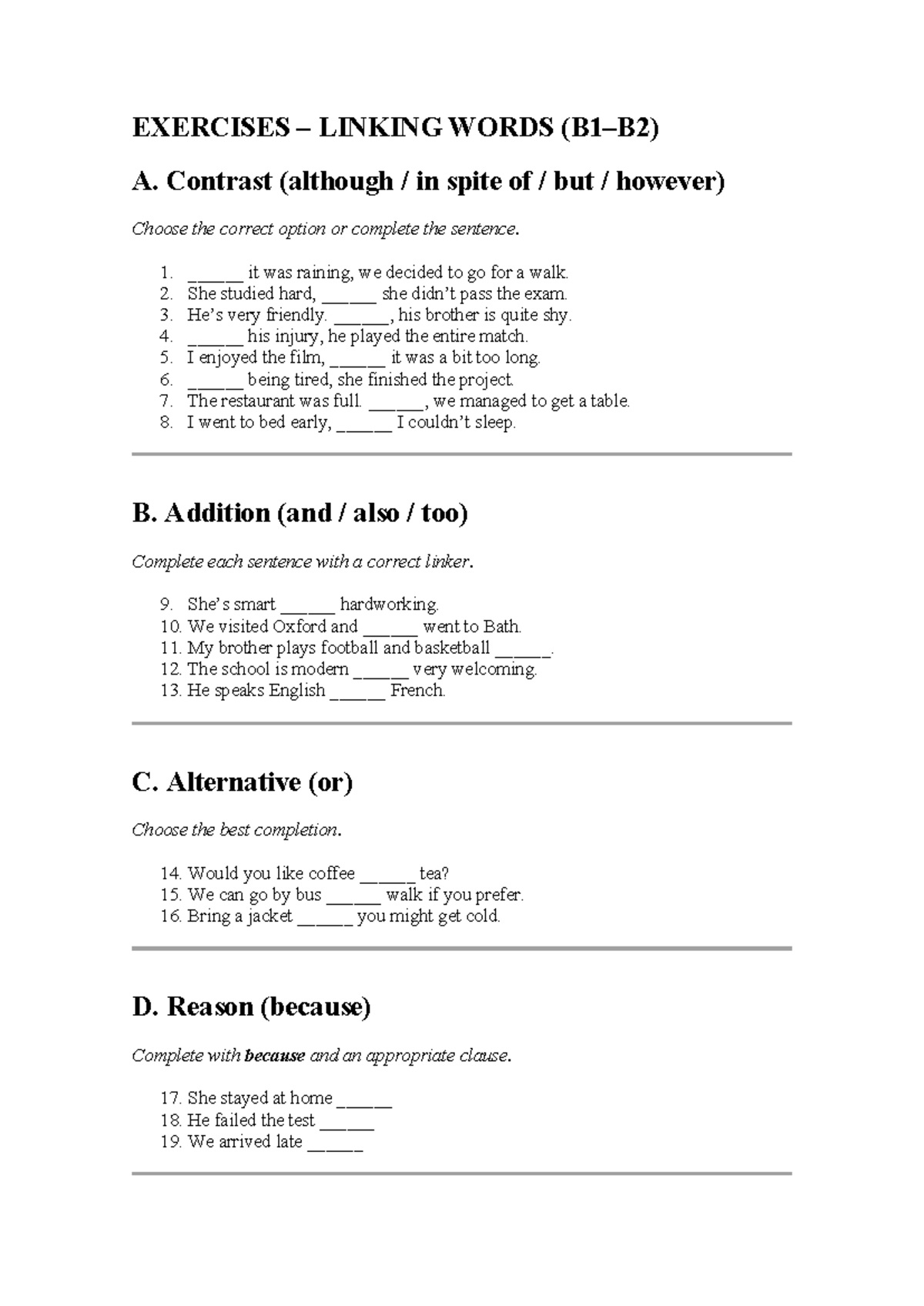 Linking Words Exercises: Contrast, Addition, Alternative, Reason ...