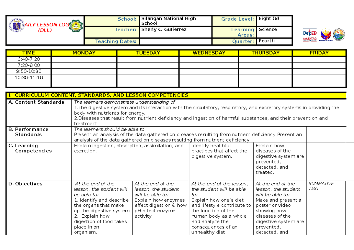 4AS WLP WEEK 1 Q4 Science 8 - DAILY LESSON LOG (DLL) School: Silangan ...
