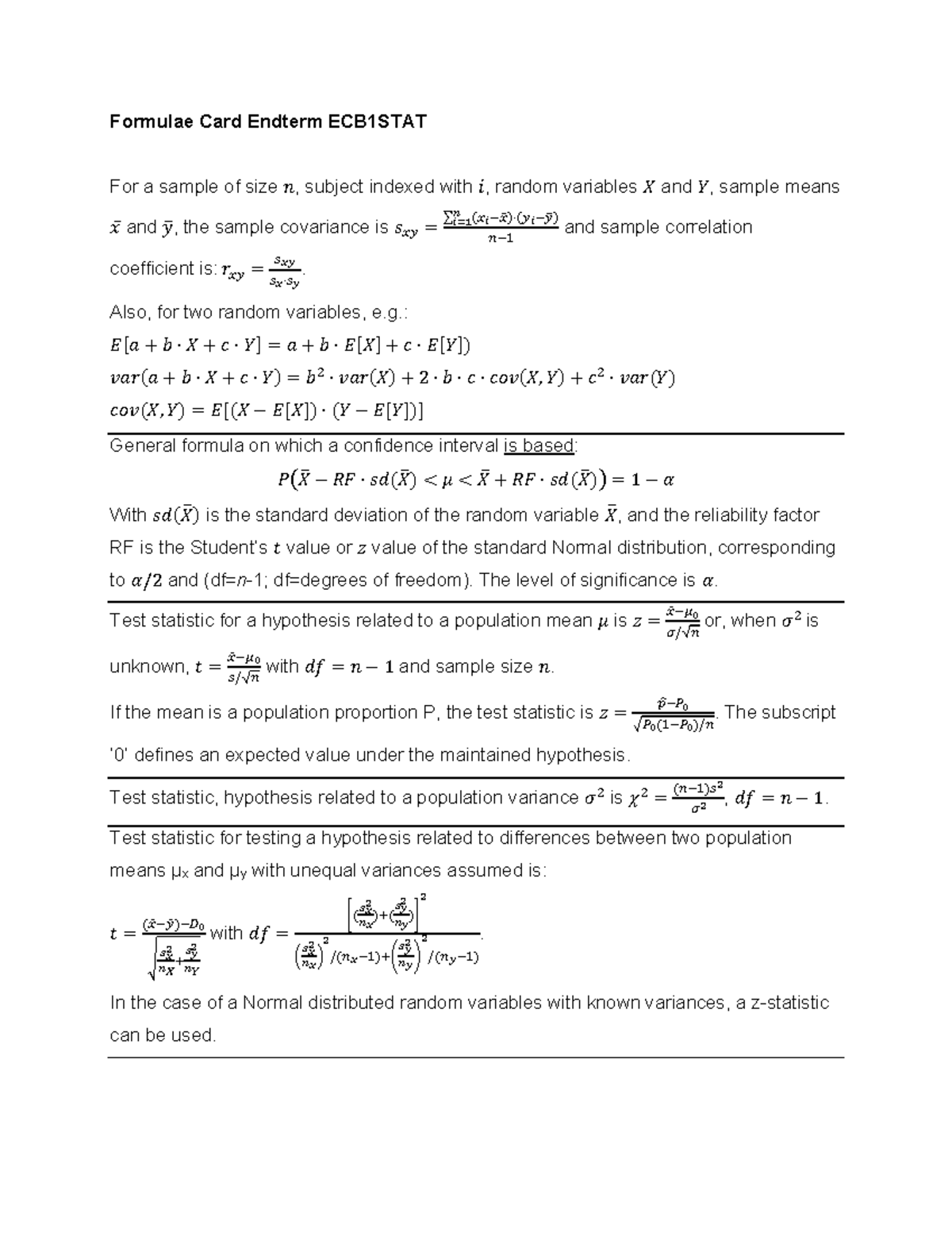 Endterm Formulae Card for ECB1STAT: Key Statistical Concepts - Studeersnel