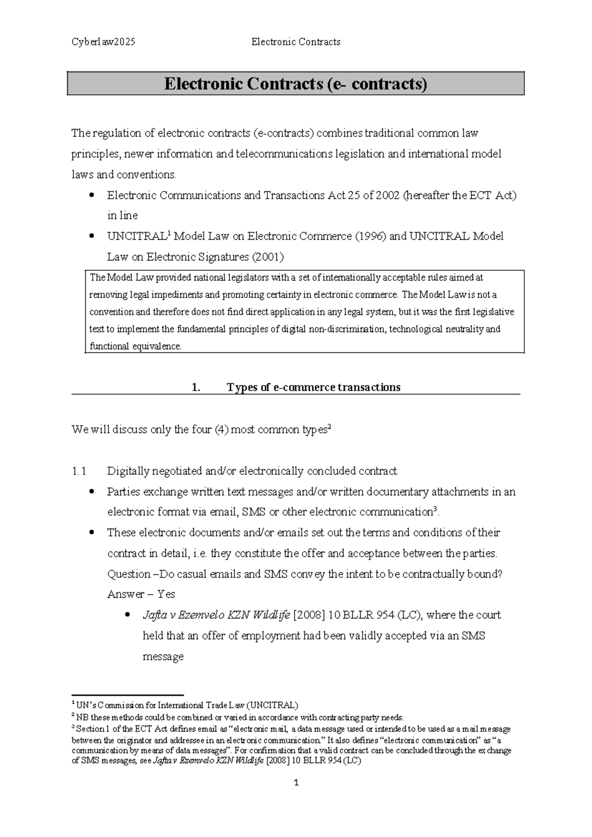 Cyberlaw2025 Week 6 Lecture Notes on Electronic Contracts - Studocu