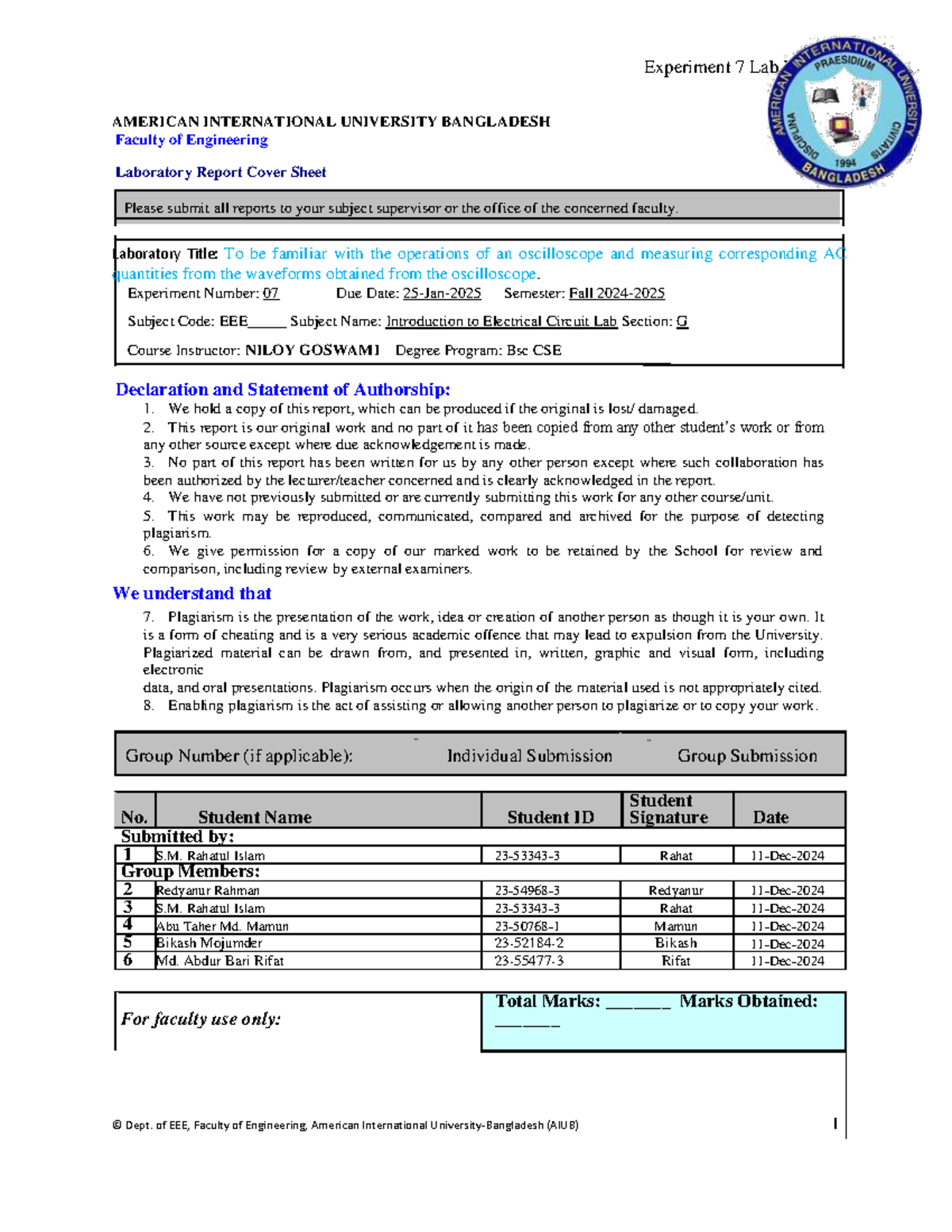 IEC LAB EXP 07 Group 3 - Final Term Lab 7 - AMERICAN INTERNATIONAL ...