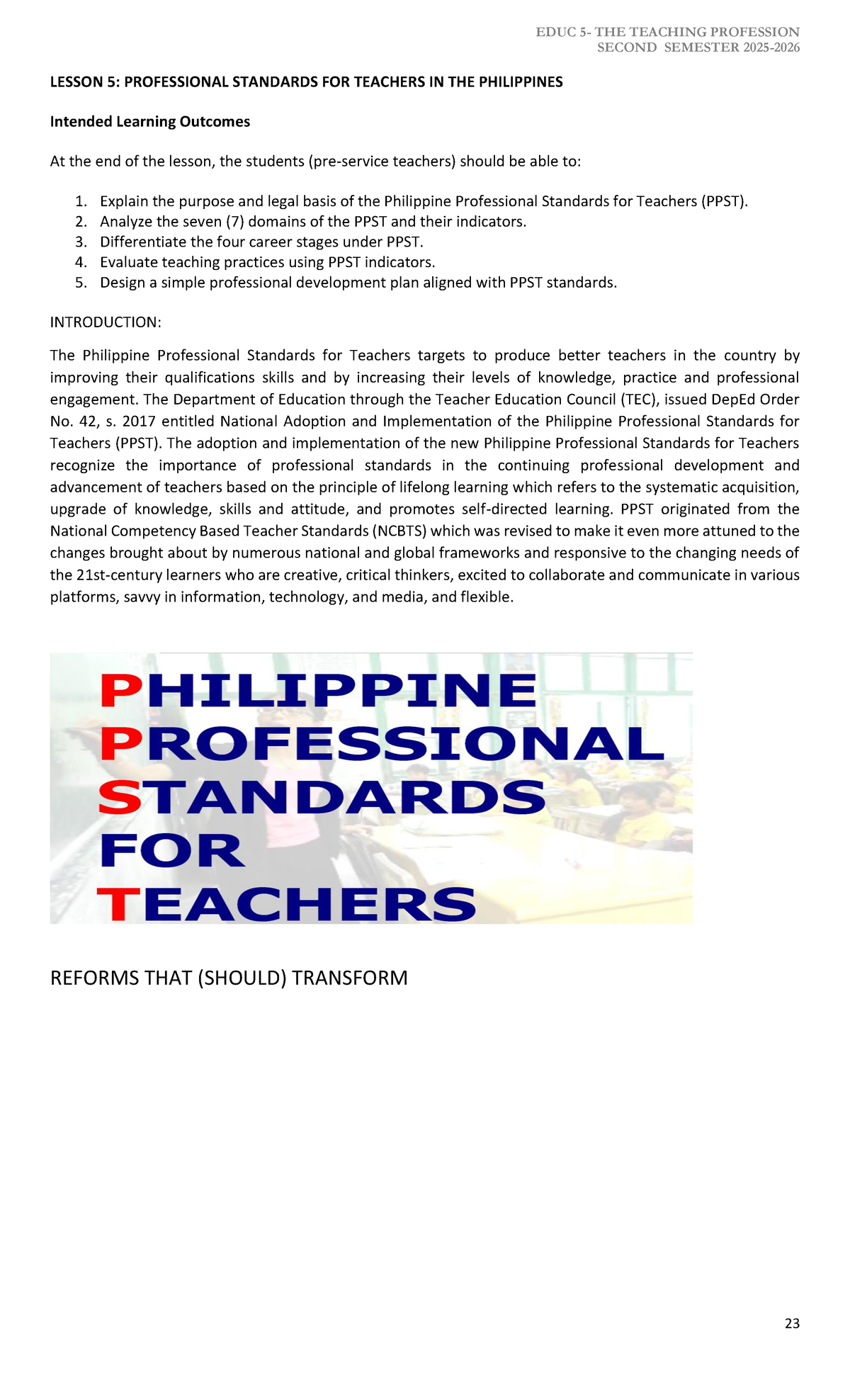 EDUC THE TEACHING PROFESSION SECOND SEMESTER LESSON 5: PPST Standards ...