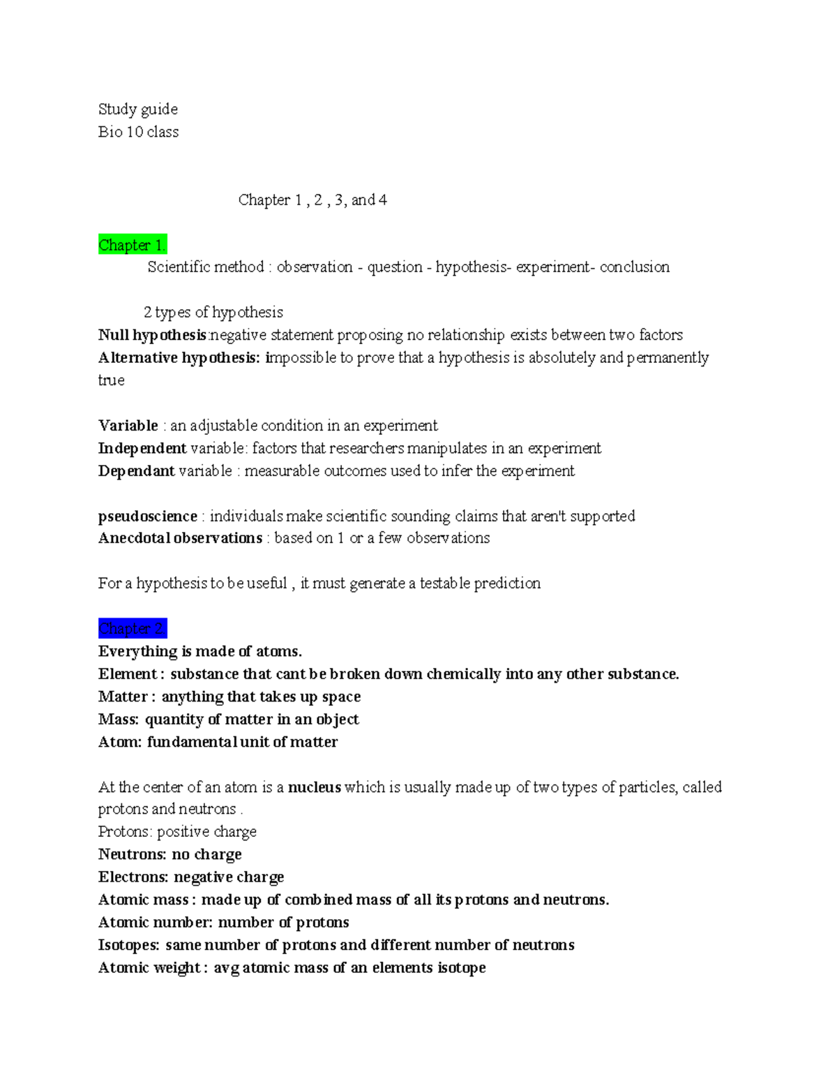 Bio 10 Midterm Study Guide: Key Concepts from Chapters 1-4 - Studocu