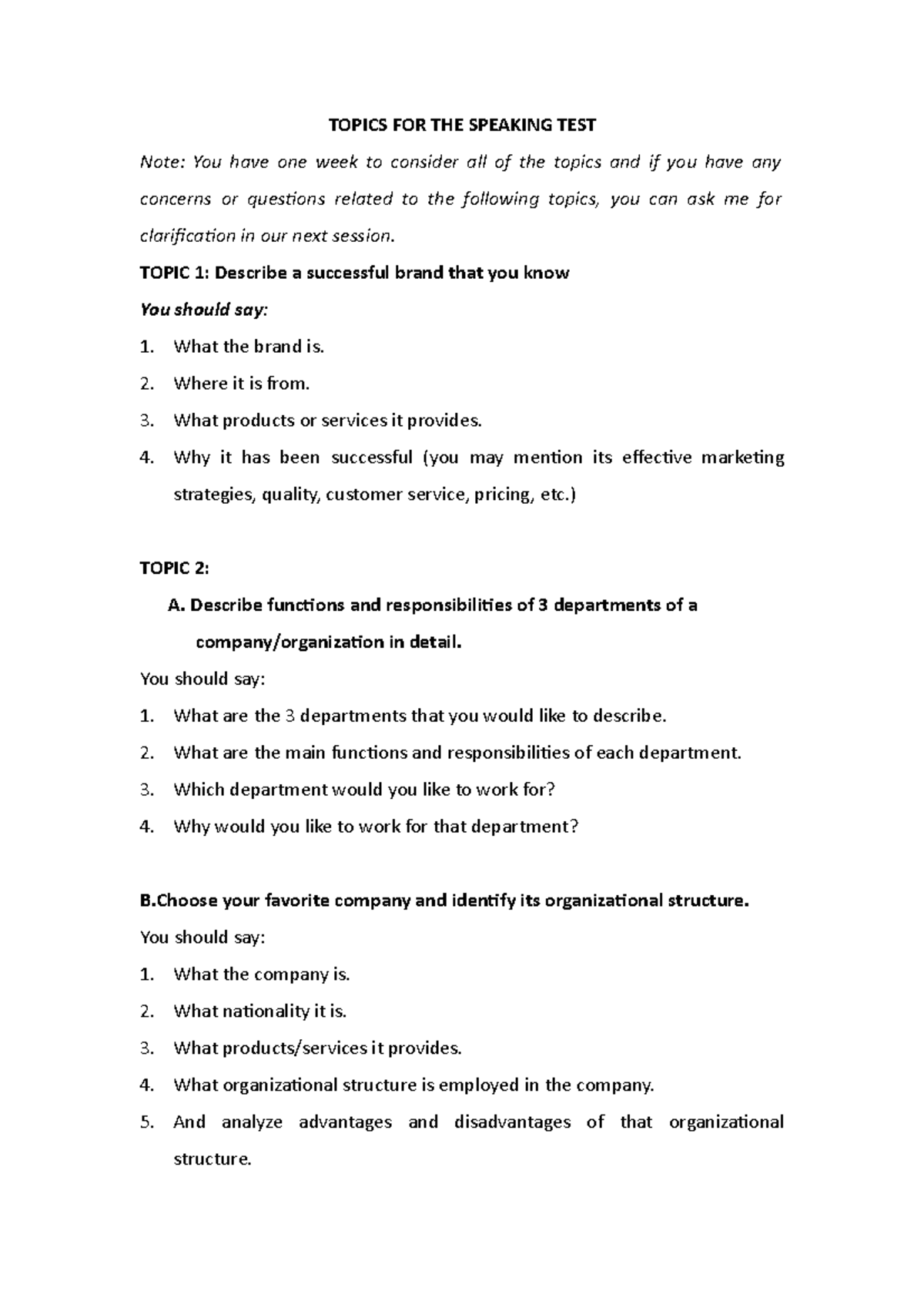Topics FOR THE Speaking TEST( Updated) - Tiếng Anh HP3 - Đại học kinh ...