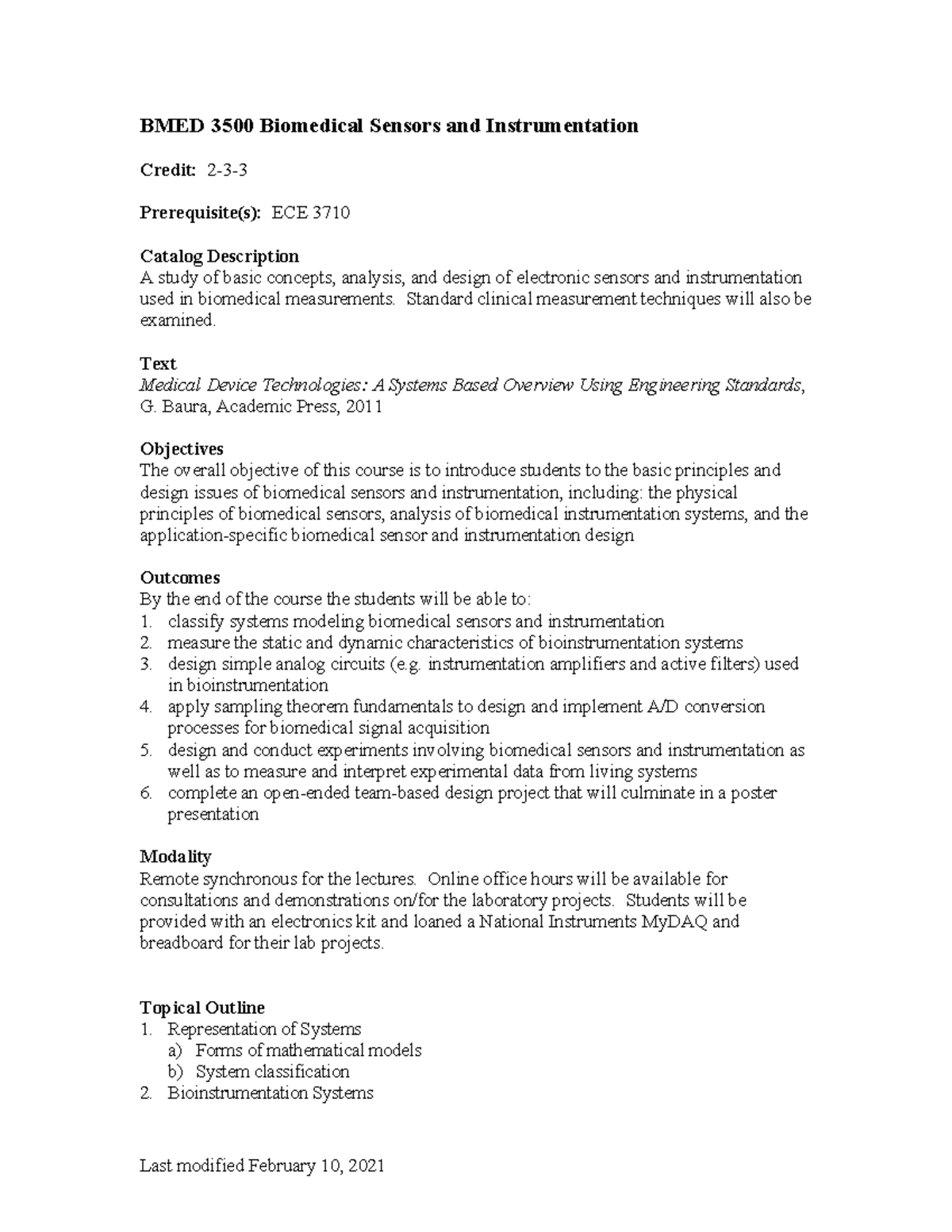 BMED 3500 Lecture Notes: Biomedical Sensors & Instrumentation - Studocu