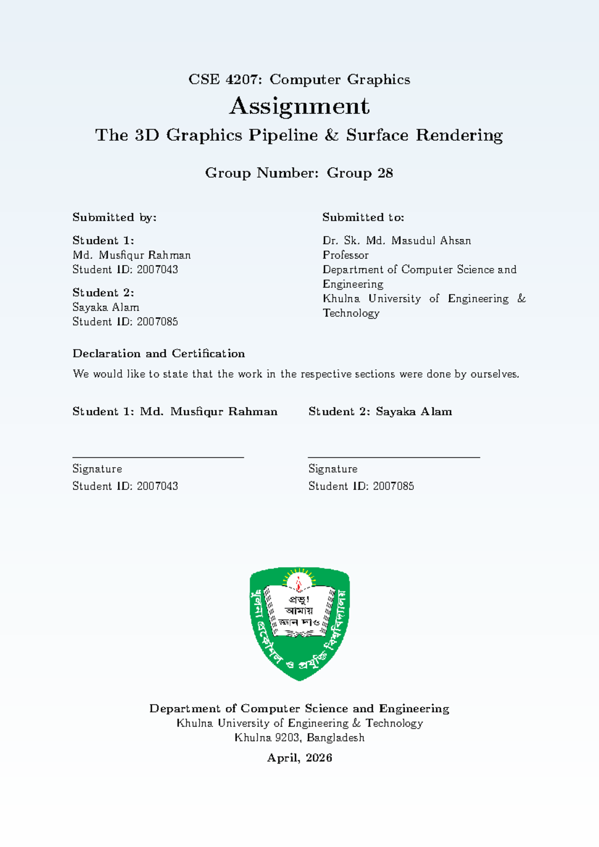 CSE 4207: Computer Graphics Assignment on 3D Graphics Pipeline - Studocu