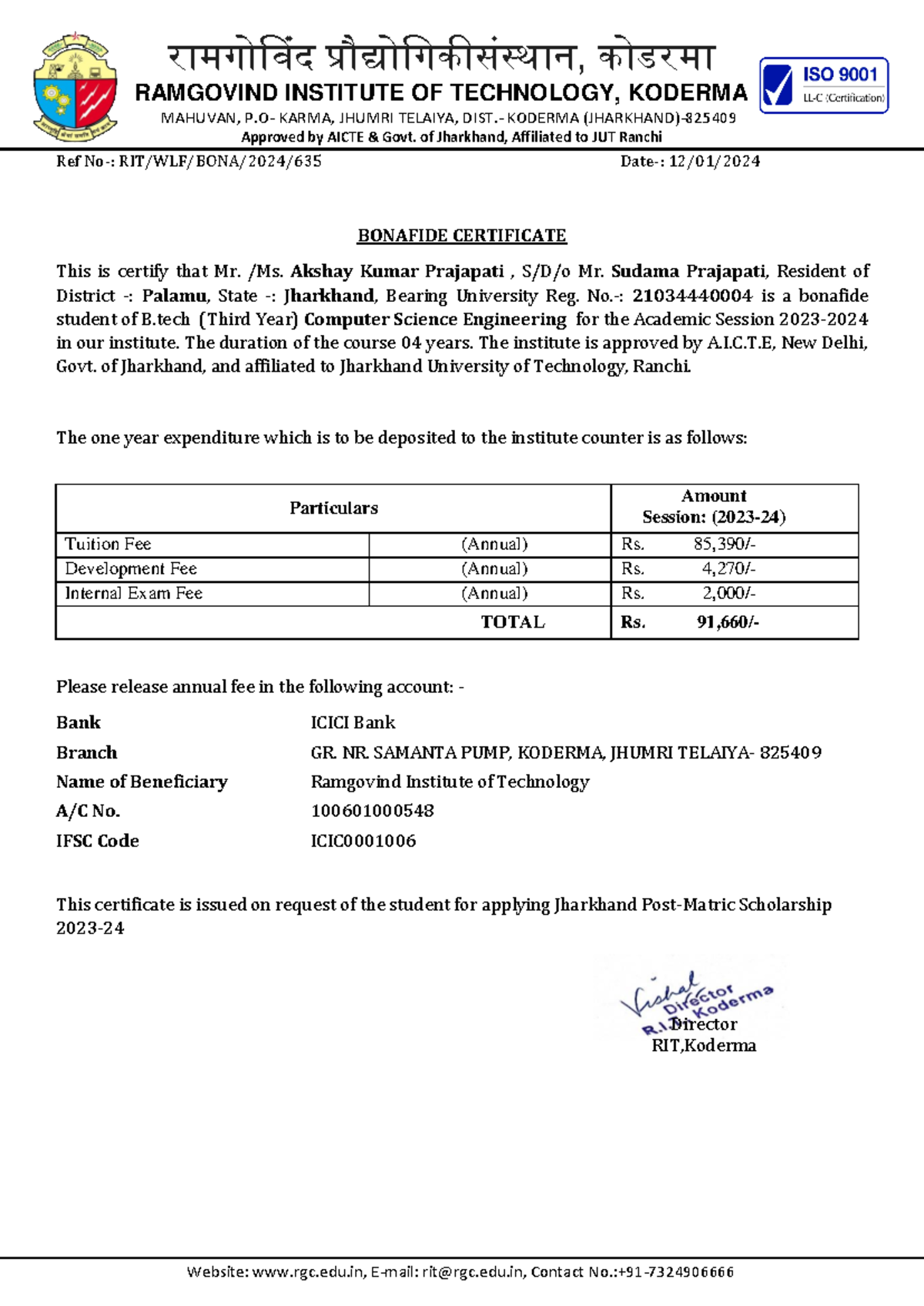 Bonafide Certificate for B.Tech Student at RIT Koderma (2023-24) - Studocu