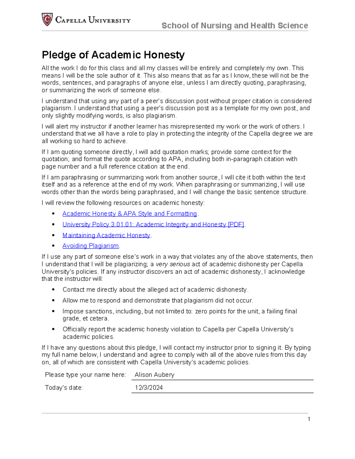 NHS4000 Academic honesty pledge and guidelines for assessment 1 - Studocu