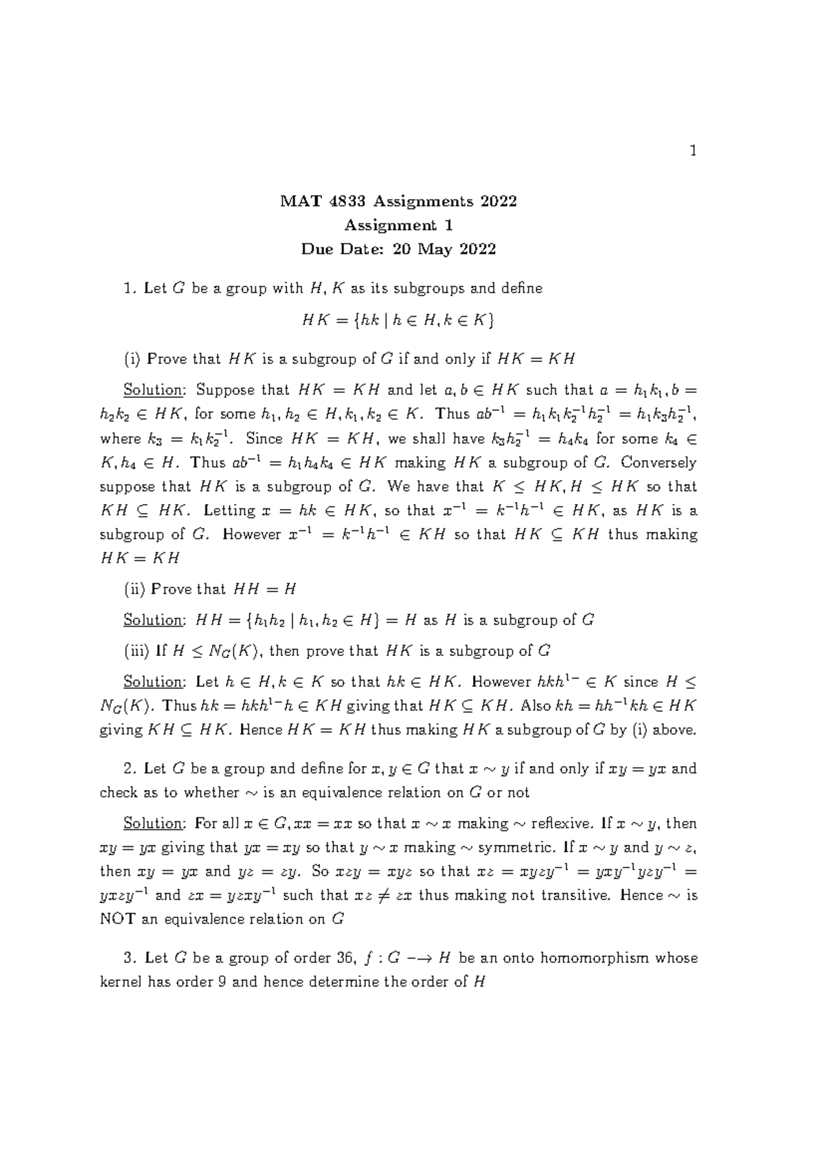 MAT 4833 Assignments 2022: Detailed Solutions and Explanations - Studocu