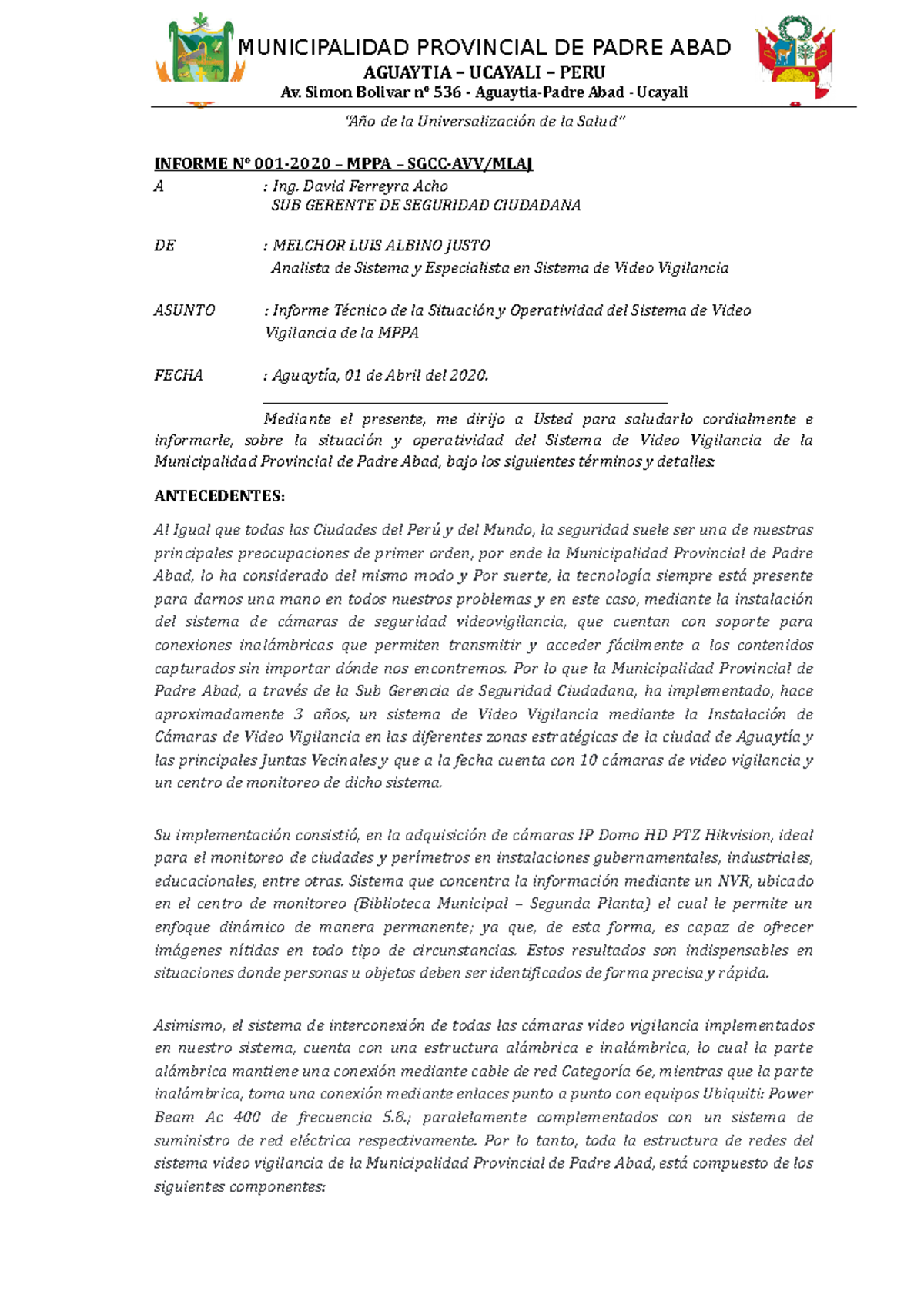 Informe Técnico N° 001-2020: Estado de Cámaras de Seguridad MPPA - Document Preview