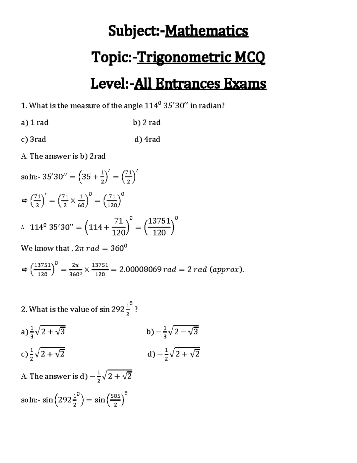 Trigonometry MCQ Practice for Entrance Exams: 25 Fully Solved Questions ...