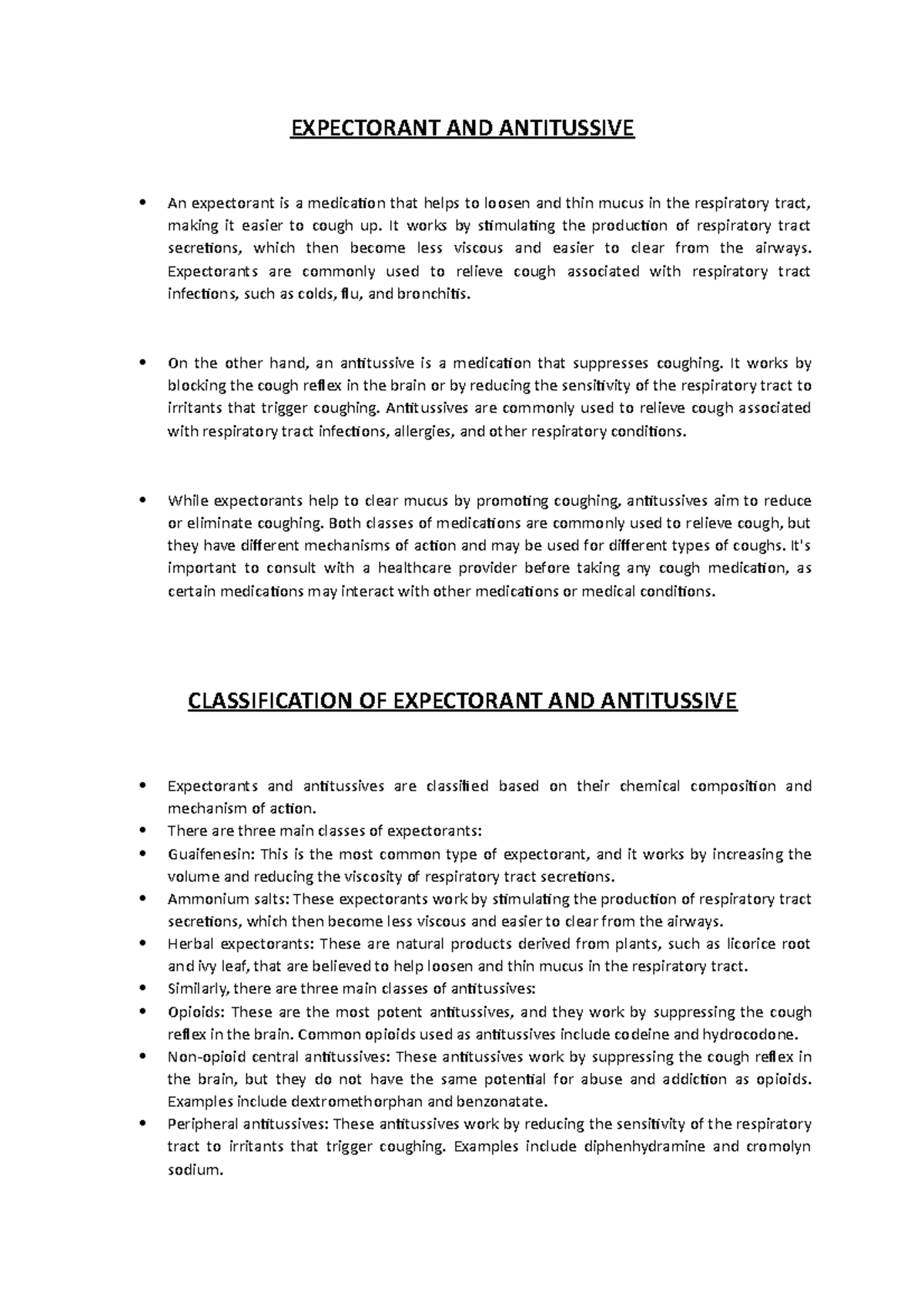 Expectorant & Antitussive Medications: Mechanisms and Uses - Studocu