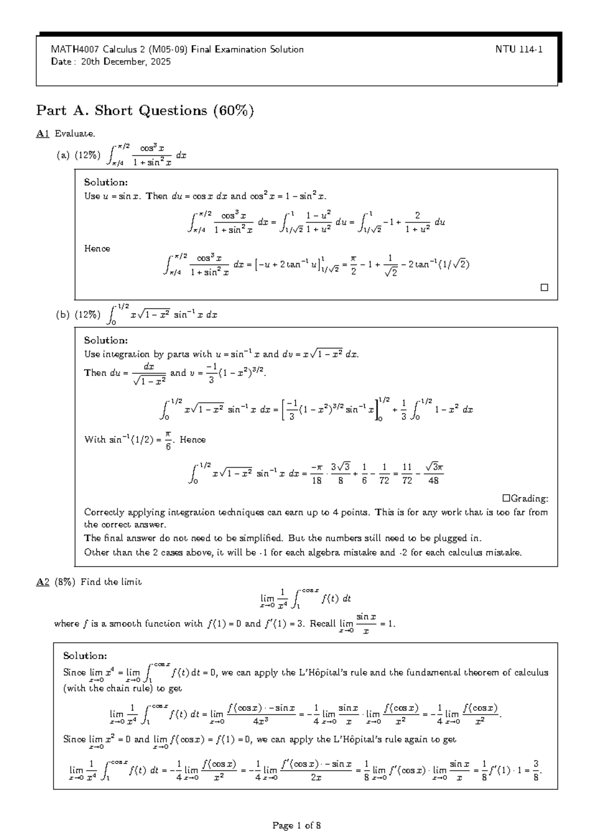 MATH4007 Calculus 2 Final Exam Solutions - December 2025 - Studocu