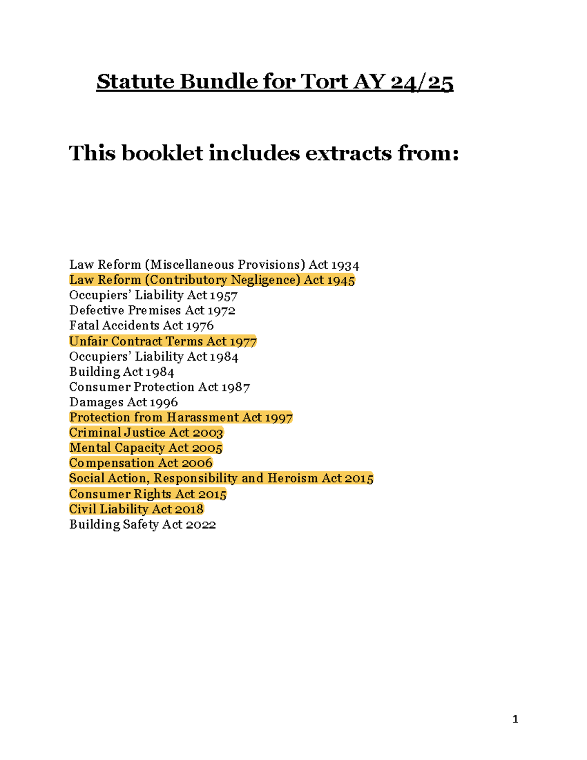 Tort Law Statute Bundle for Exam Preparation - AY 2023 - Studocu