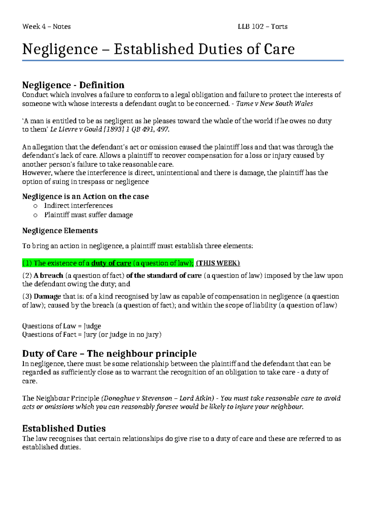 LLB 102 Torts Week 4 Notes: Negligence and Duty of Care - Studocu