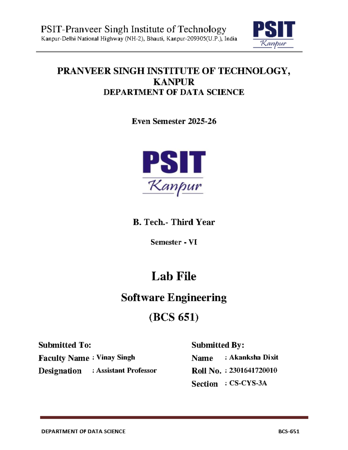 Lab File for Software Engineering (BCS 651) - Data Science Dept. - Studocu