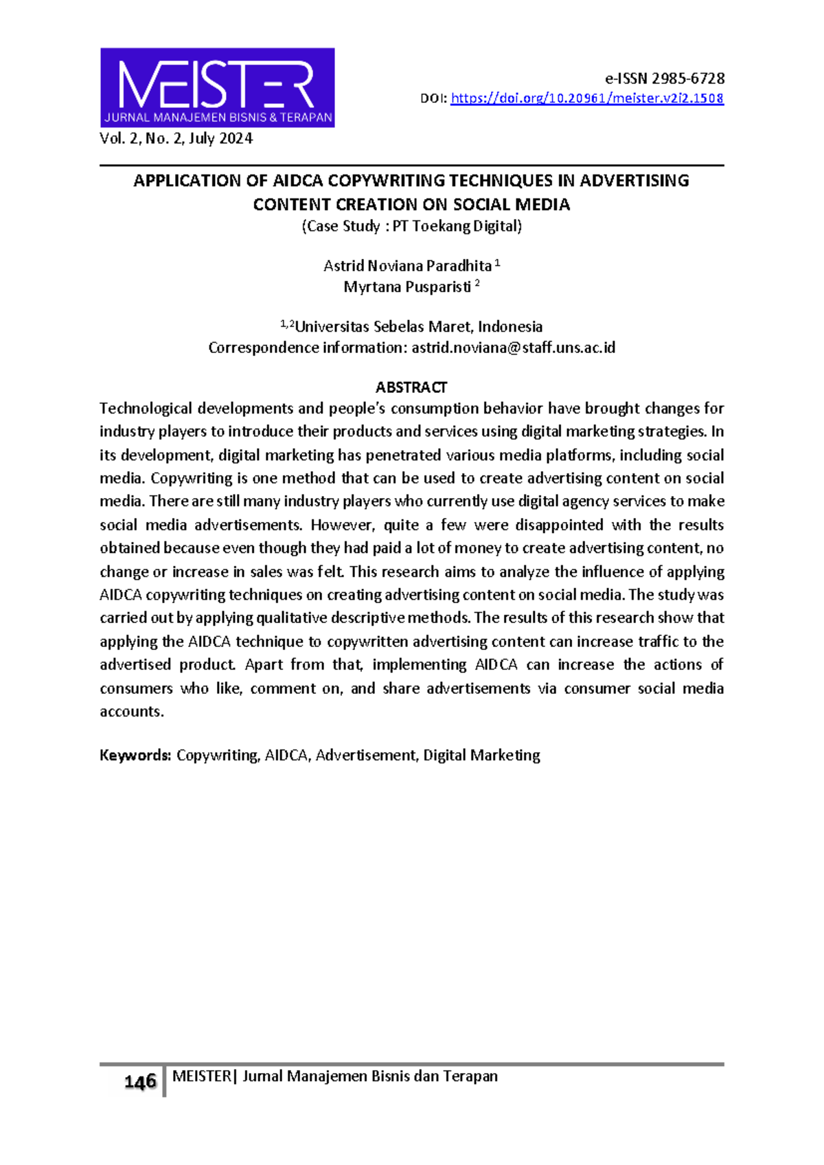 APPLICATION OF AIDCA COPYWRITING TECHNIQUES IN SOCIAL MEDIA ADS (Case ...