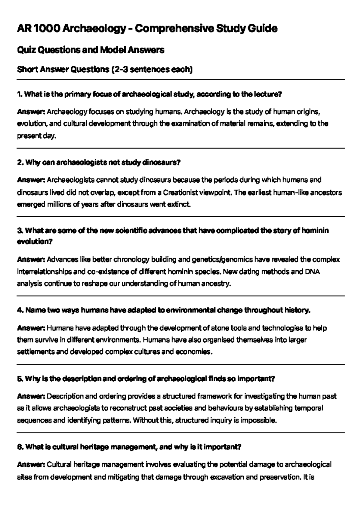 AR 1000 Archaeology Comprehensive Study Guide: Quiz & Essay Prep - Studocu
