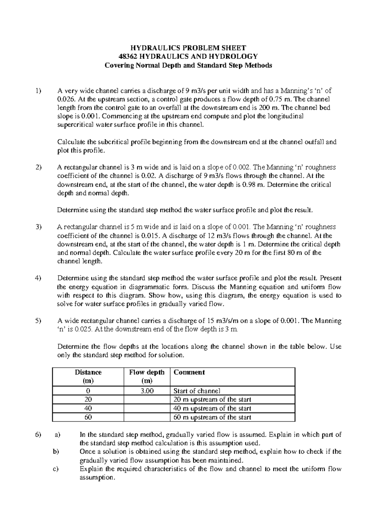 PS2 - HYDRAULICS PROBLEM SHEET 48362 HYDRAULICS AND HYDROLOGY Covering ...