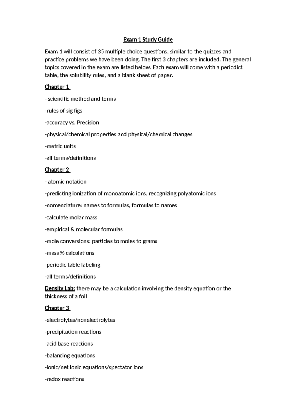 Chemistry 101: Exam 1 Study Guide for Chapters 1-3 Overview - Studocu