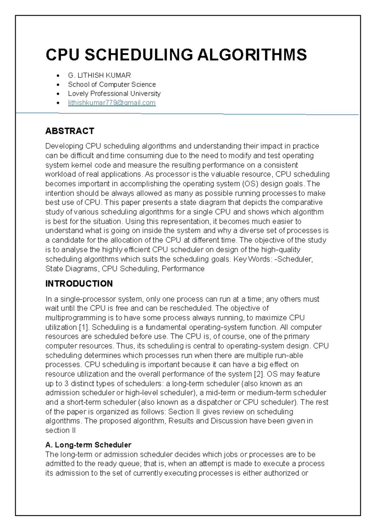 Cse316 term paper - CPU SCHEDULING ALGORITHMS G. LITHISH KUMAR School ...