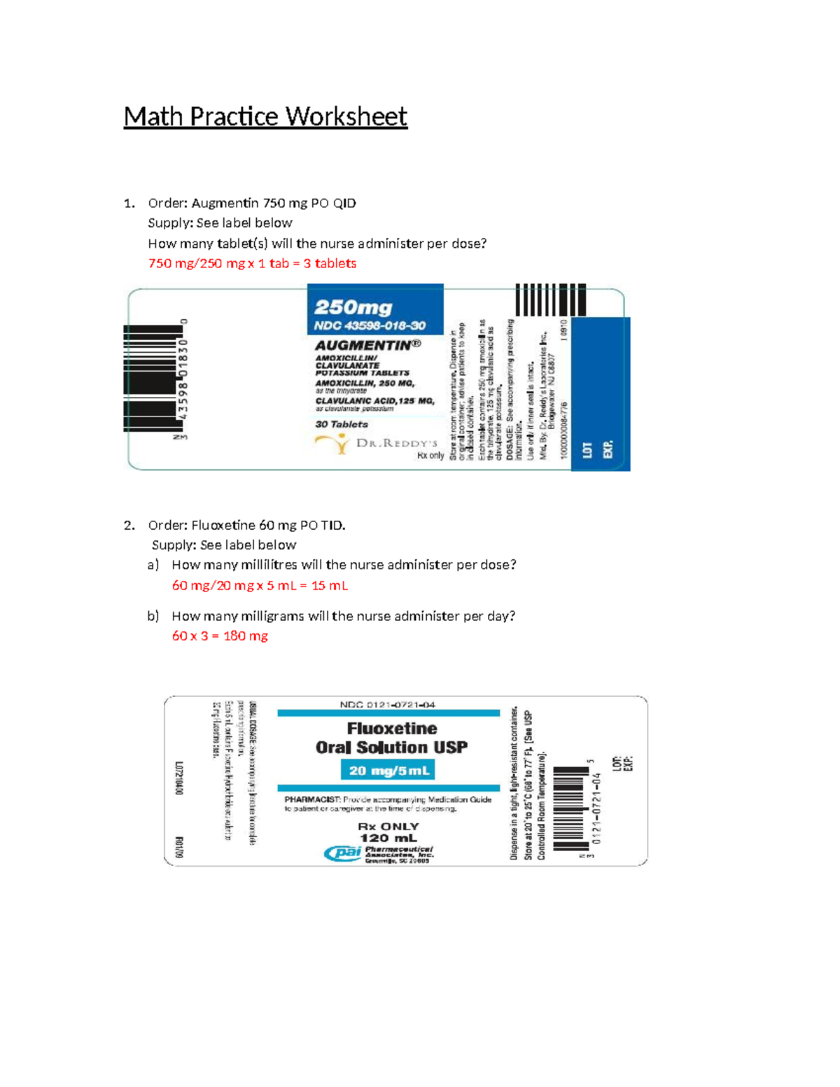 Math Practice Questions Key for Nursing Dosage Calculations - Studocu