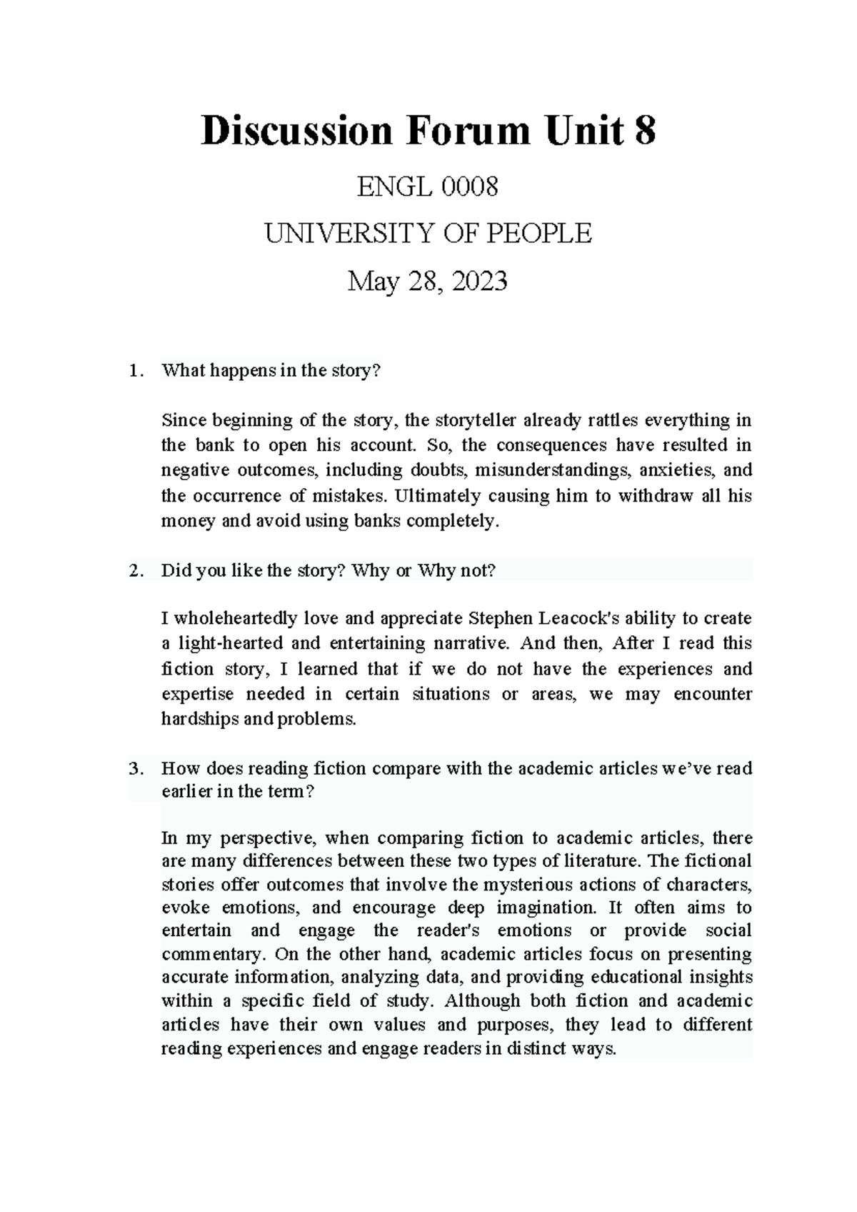 Discussion Forum Unit 8: Analyzing Fiction vs. Academic Literature ENGL ...
