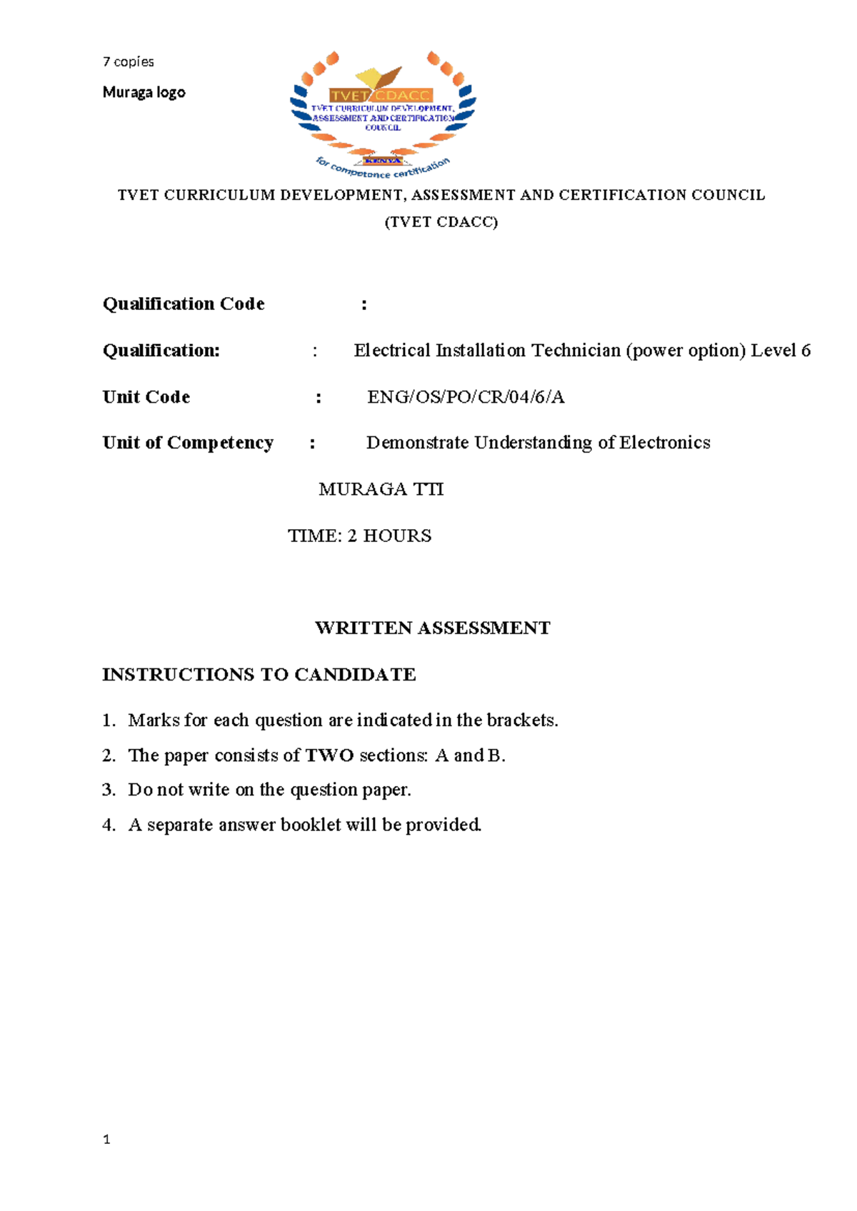 CBET Assessment Tool for Electrical Installation Technician Level 6 ...